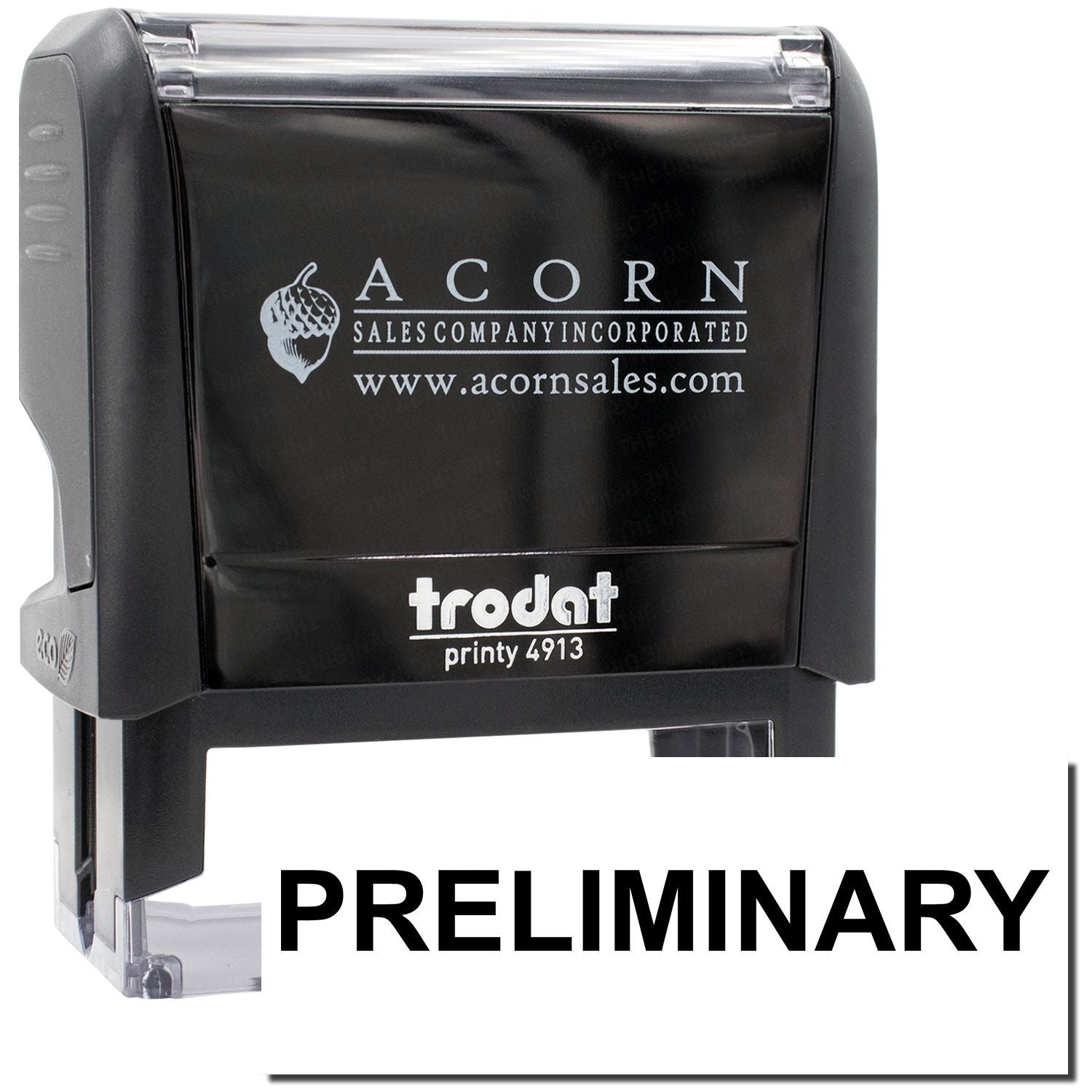 Black Trodat Printy 4913 custom self-inking stamp with Acorn Sales Company Incorporated logo and website.