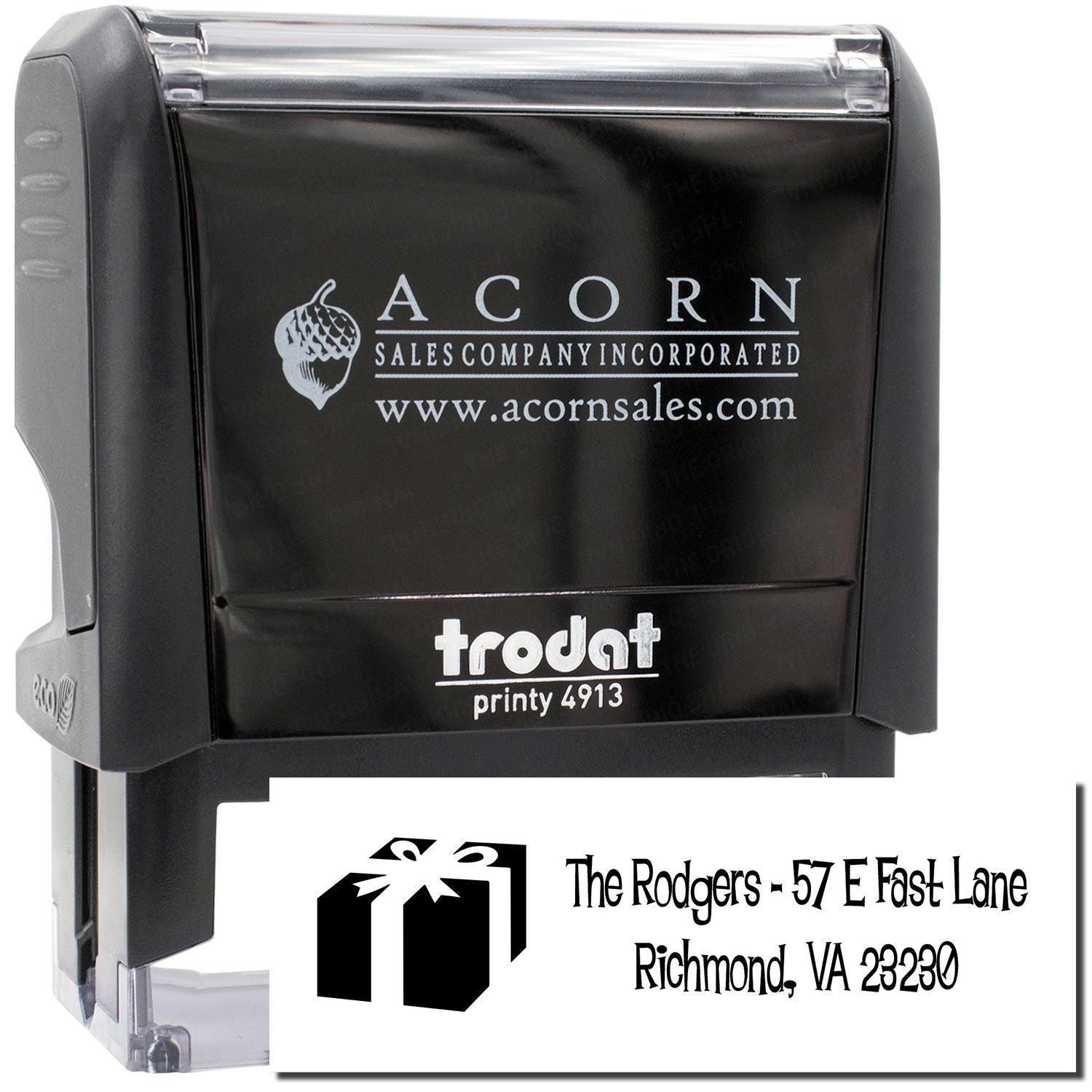 Custom self-inking rubber stamp for personalized return address and logo imprint on mail and packaging.