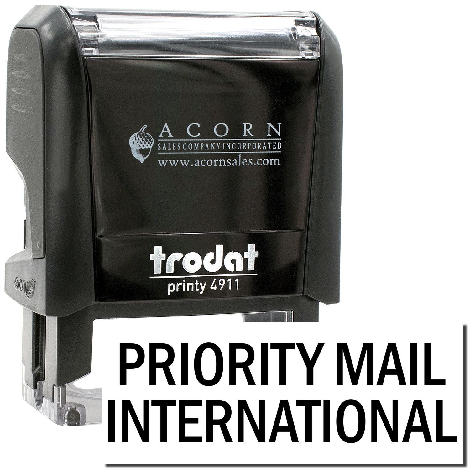 Black Trodat Printy 4911 self-inking Priority Mail International stamp for shipping labels, Acorn Sales logo visible.
