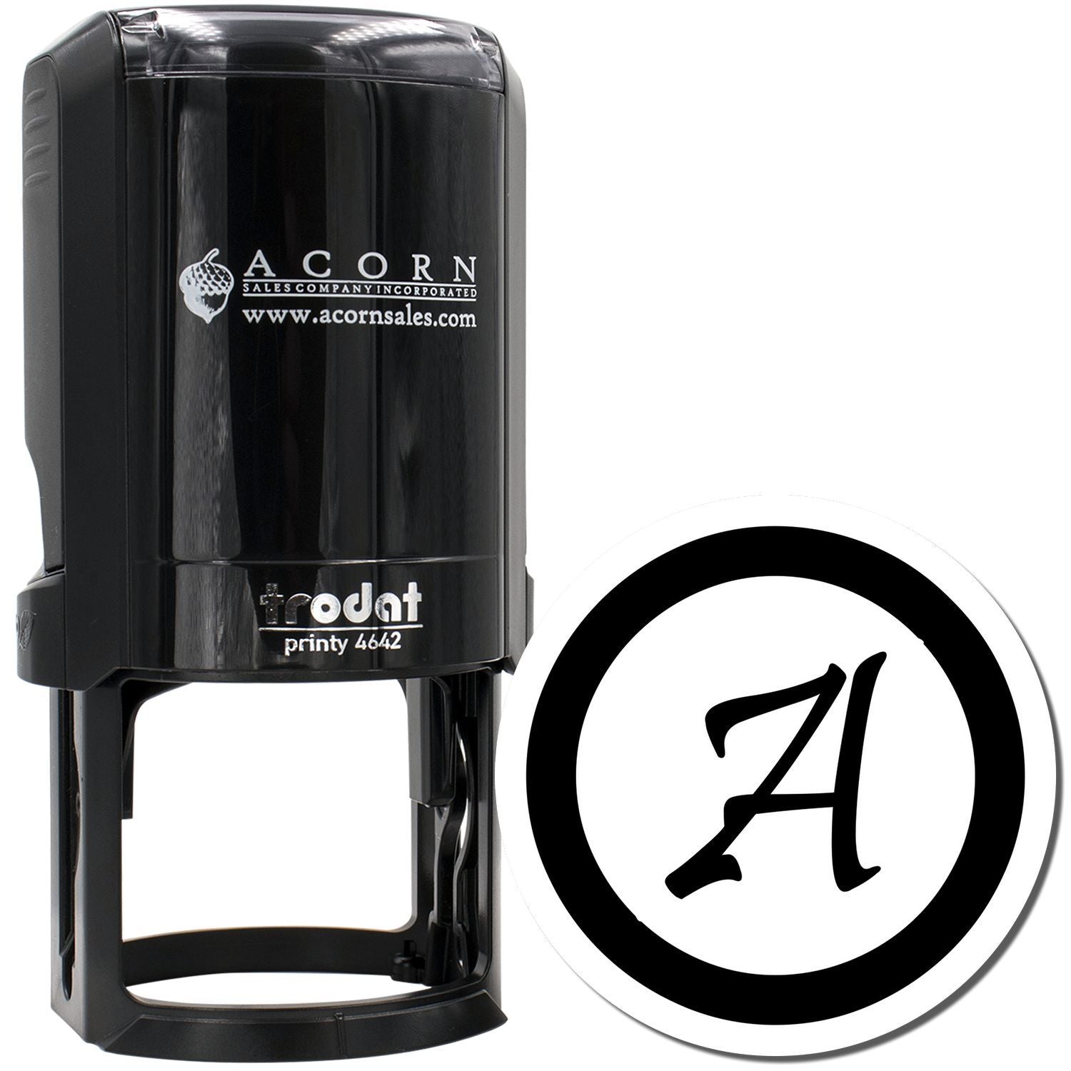 Custom self-inking rubber stamp with initial A logo, ideal for business branding and personalized stamping.