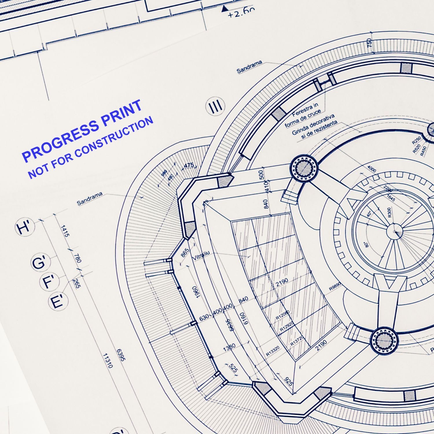 Architectural blueprint technical drawing with circular floor plan and Progress Print Not for Construction stamp