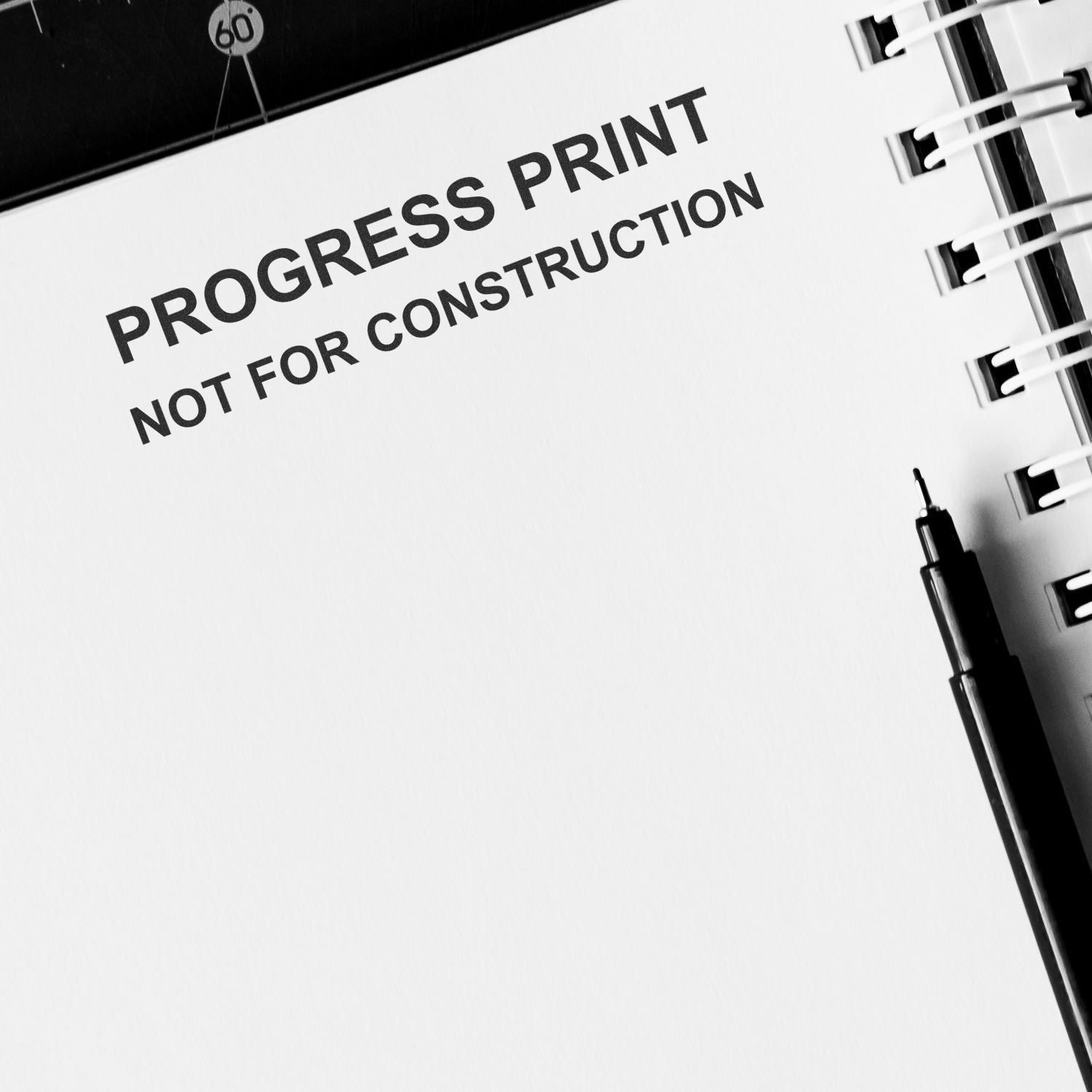 Black and white close-up of a notebook page labeled Progress Print Not for Construction, with spiral binding and a pen, representing architectural draft plans.