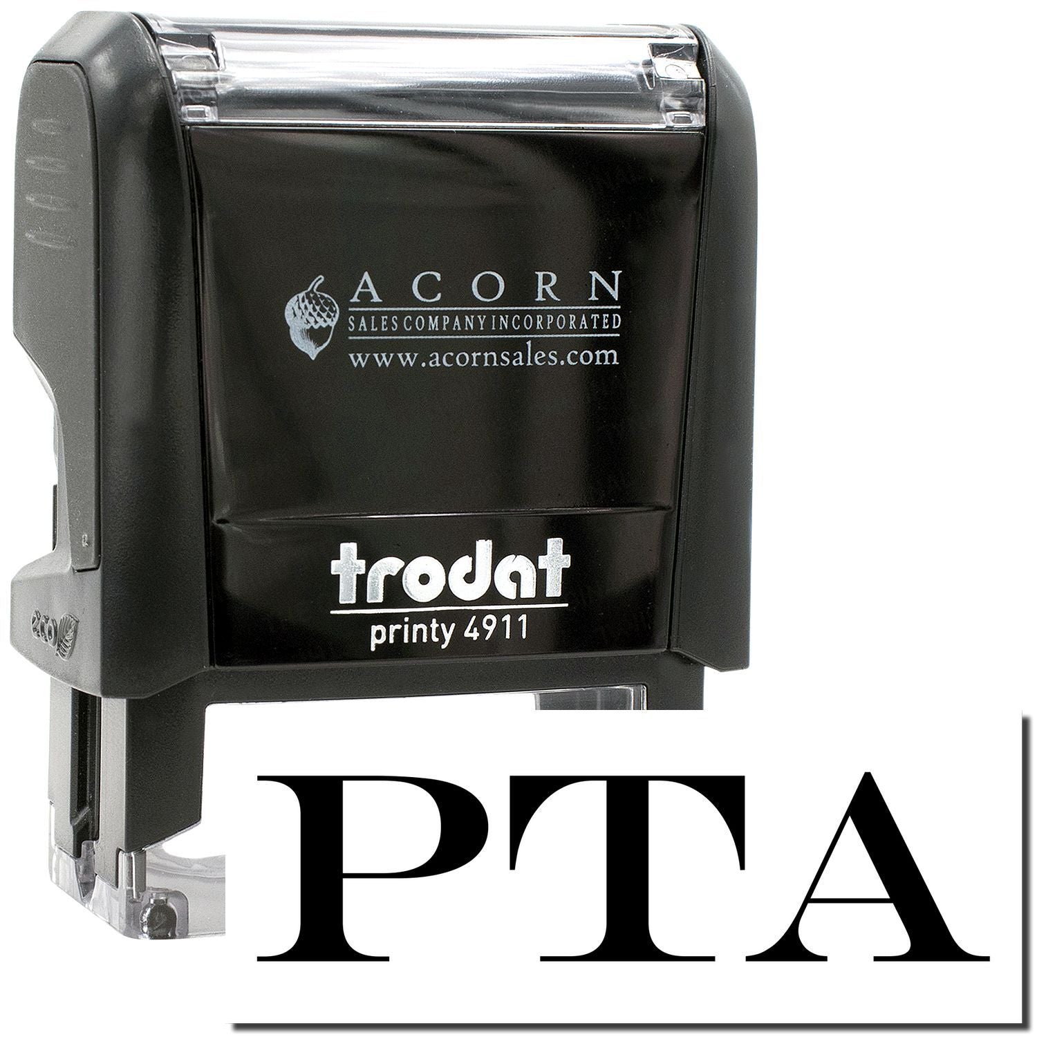 Trodat Printy 4911 self-inking stamp with PTA logo, black Acorn Sales stamp pad cover on white background