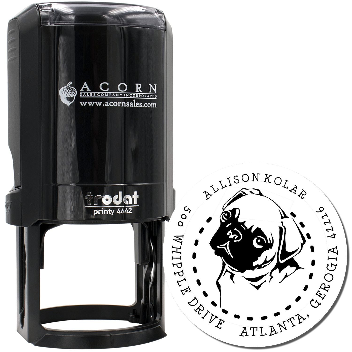 Custom self-inking rubber stamp with personalized dog portrait address design for return mail, pets, and branding