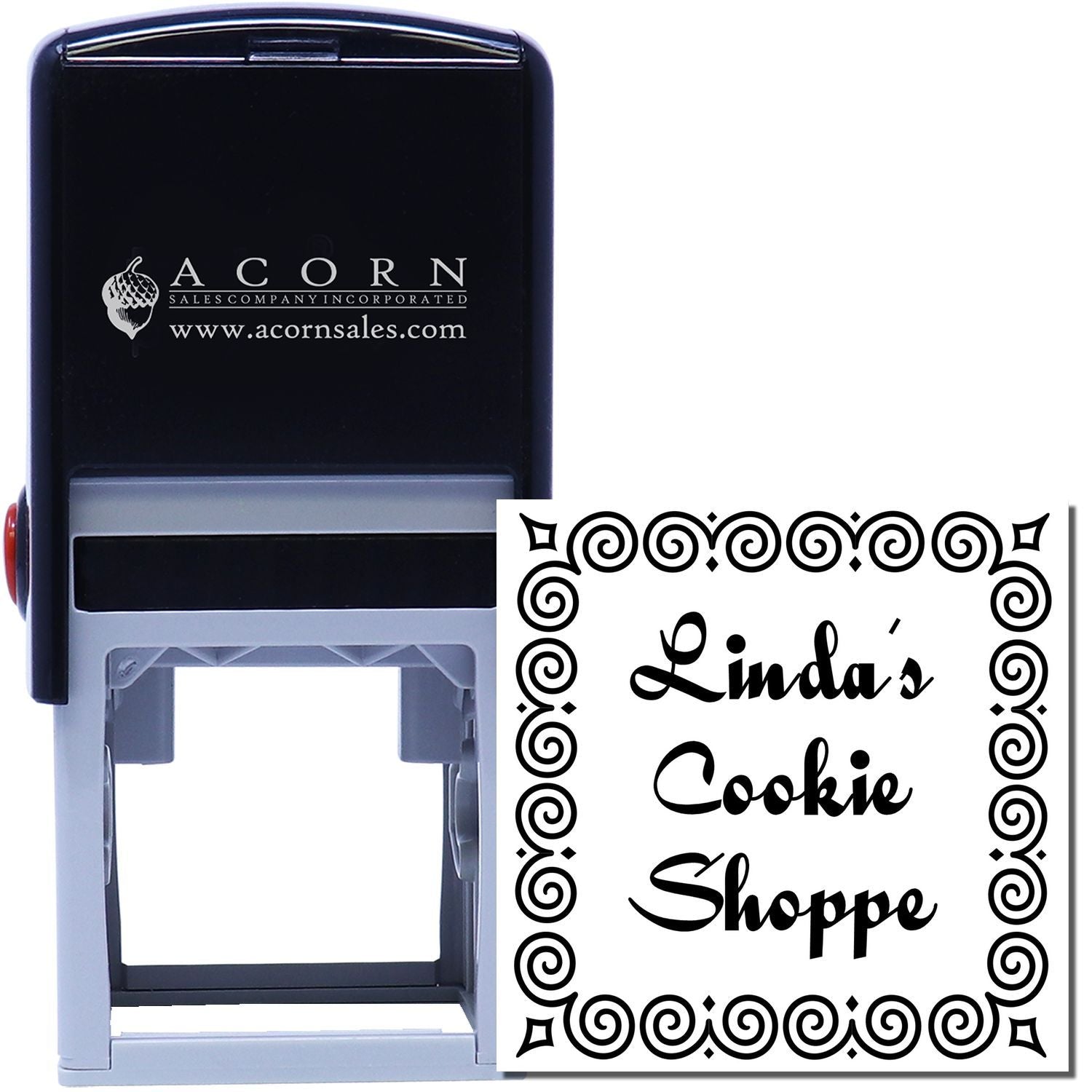 Custom self-inking rubber stamp with decorative border and Lindas Cookie Shoppe imprint for bakery branding