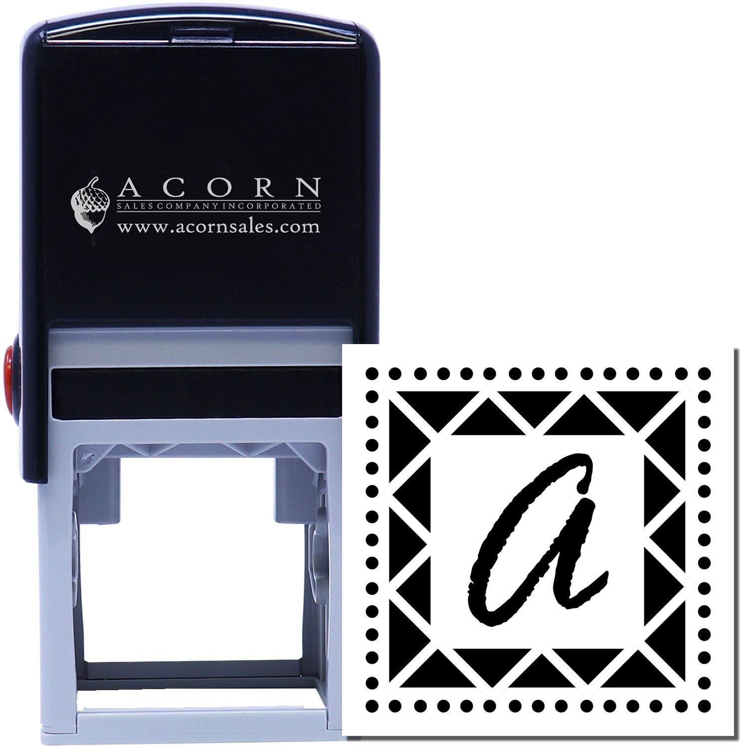 Custom self-inking rubber stamp with decorative lowercase A monogram for personalized branding and stationery.
