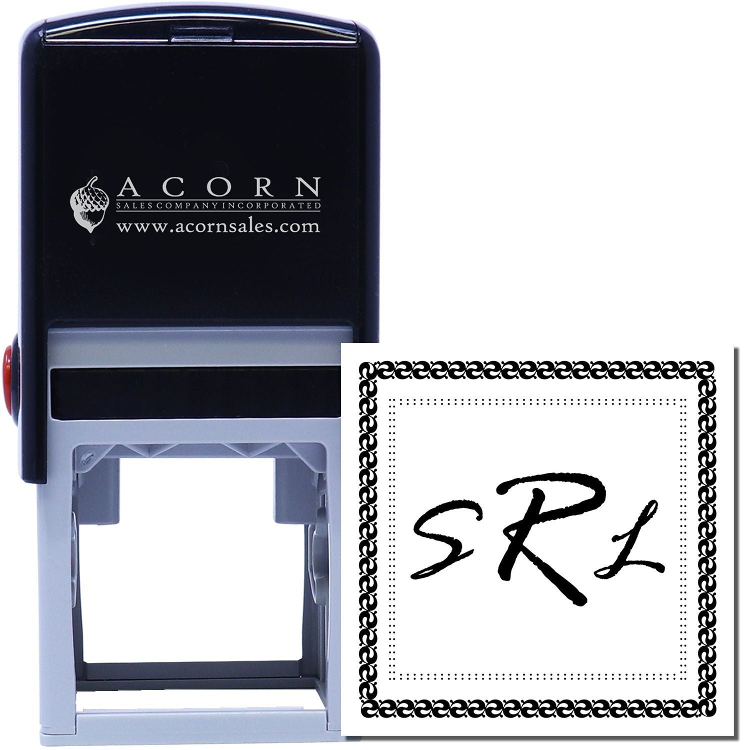 Custom self-inking rubber stamp with decorative border for monograms, branding, and document marking.