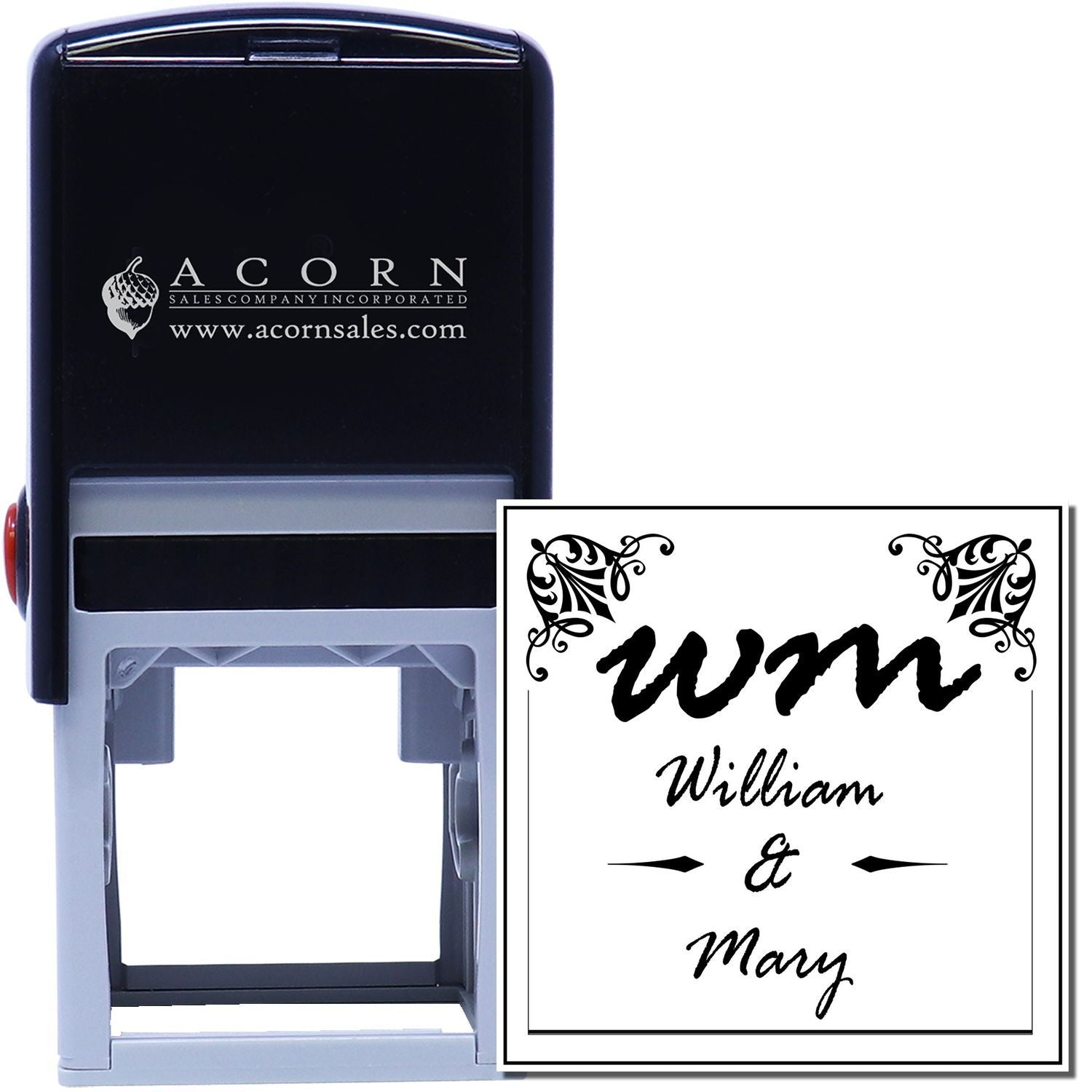 Custom self-inking rubber stamp for wedding invitations, featuring decorative monogram and personalized William & Mary imprint.