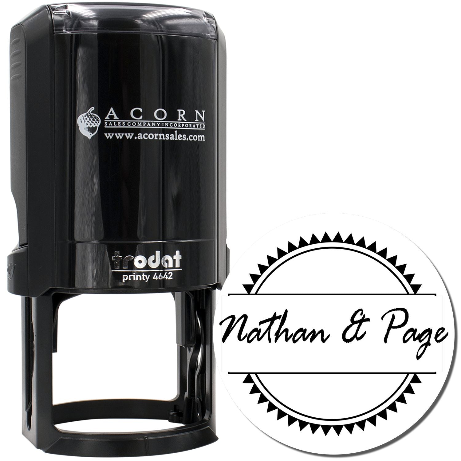Custom self-inking rubber stamp with Nathan & Page logo, ideal for business branding and personalized document stamping.