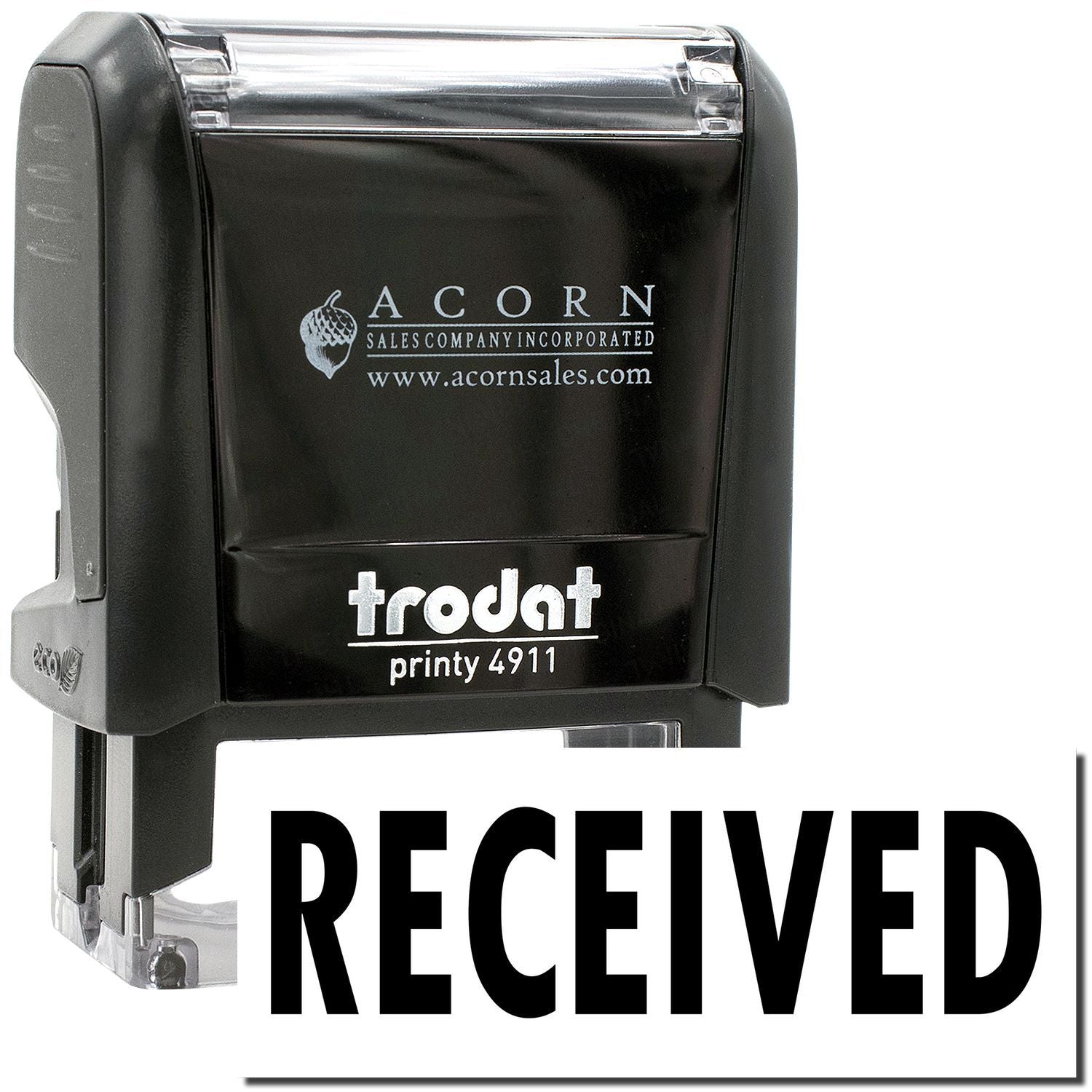Trodat Printy 4911 self-inking Received stamp, black office rubber stamp with Acorn Sales logo