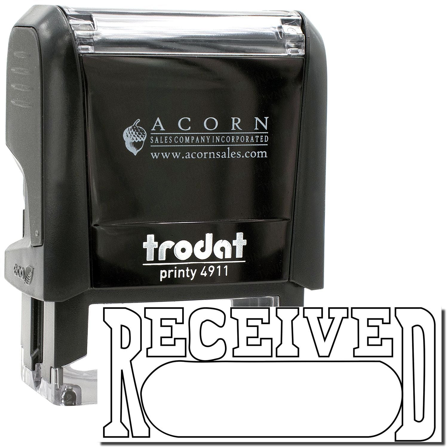 Black Trodat Printy 4911 self-inking received stamp with Acorn Sales Company branding and clear RECEIVED imprint.
