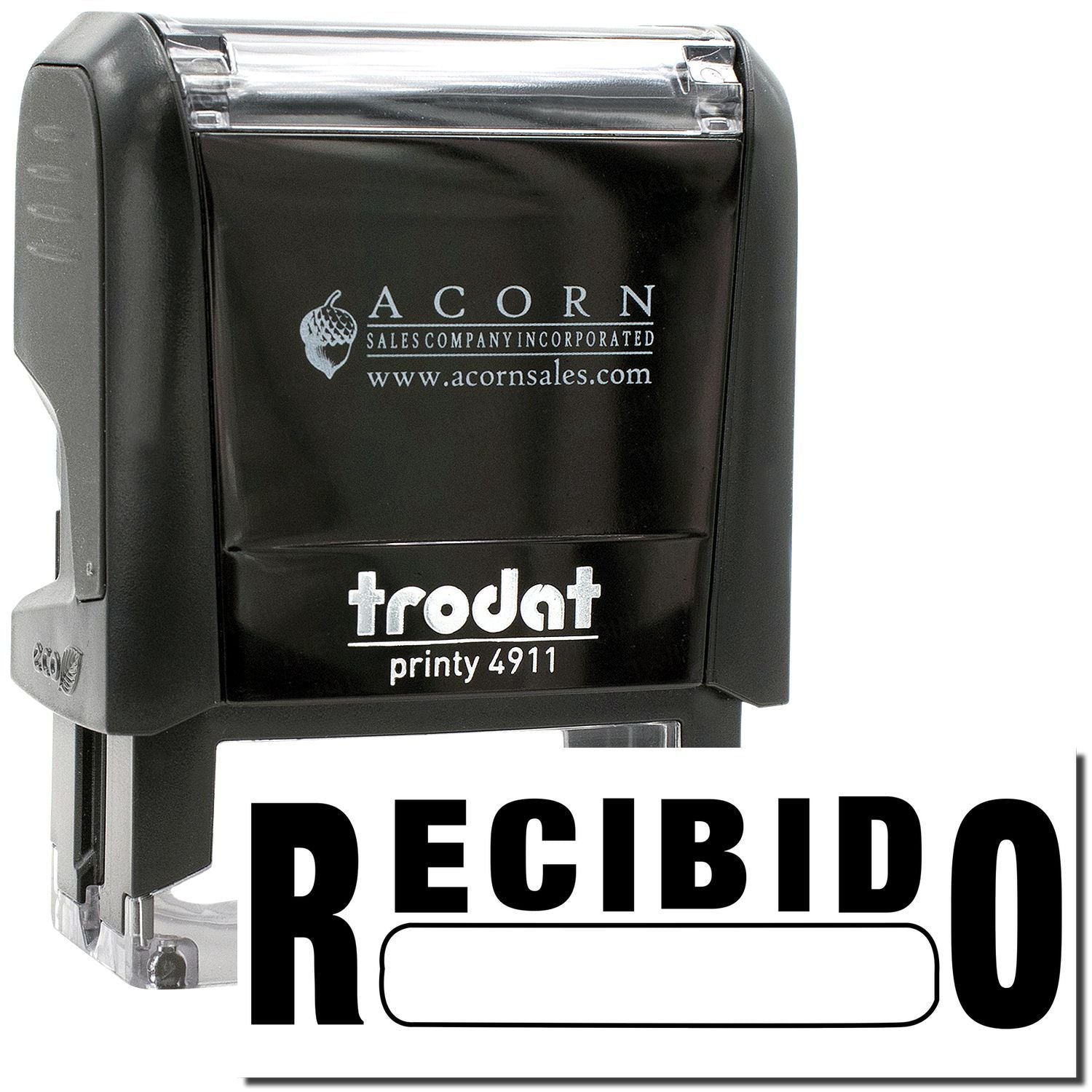 Trodat Printy 4911 self-inking received stamp with black ink and RECIBIDO text for office document marking.