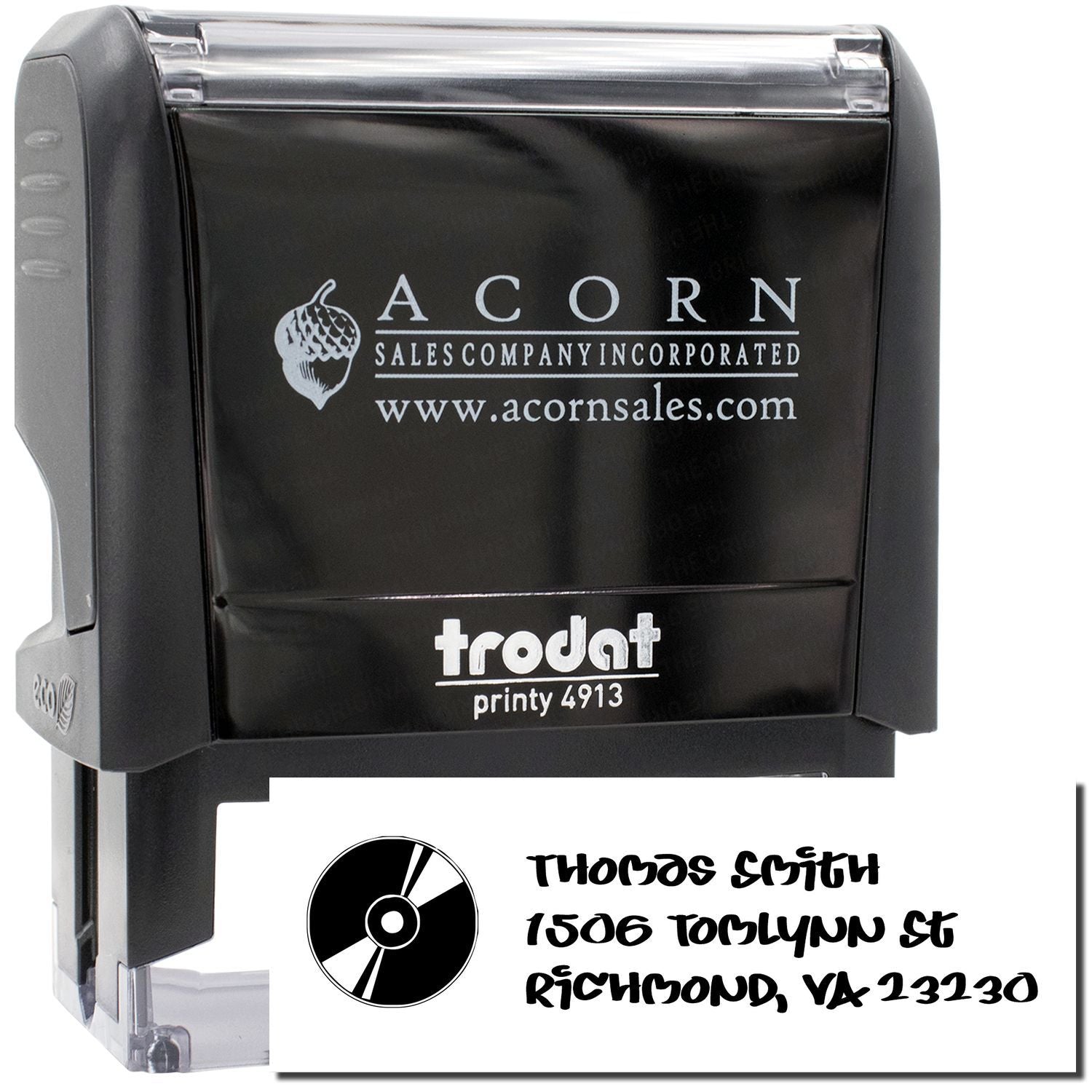 Custom self-inking rubber stamp with logo and address, Trodat Printy 4913 for business mailing and branding.