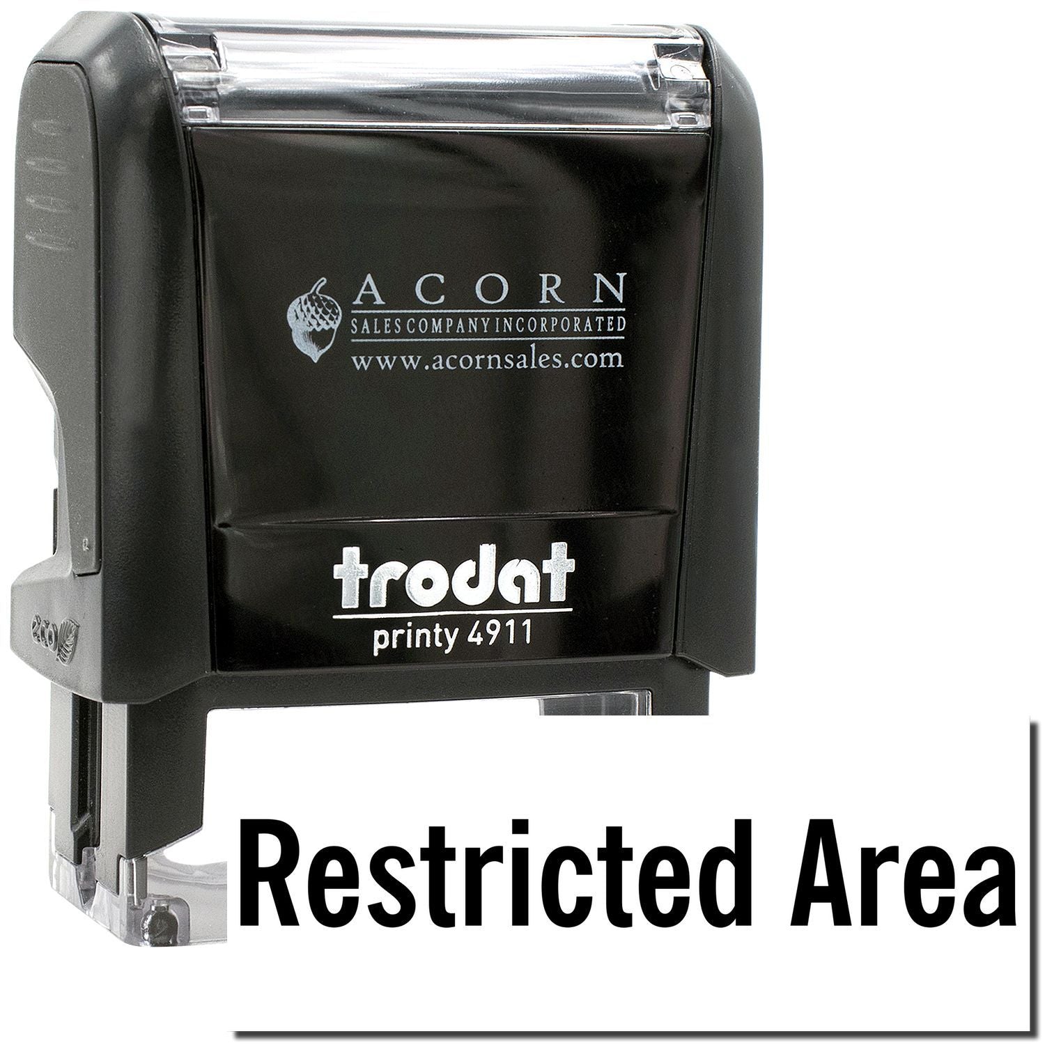 Trodat Printy 4911 self-inking stamp with Restricted Area text and Acorn Sales branding