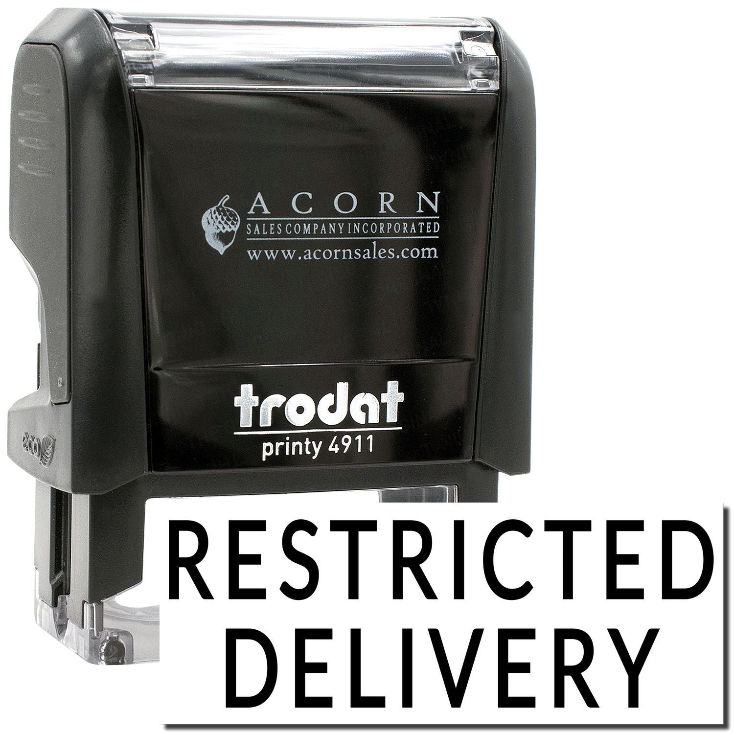 Black self-inking restricted delivery stamp with Acorn Sales branding, Trodat Printy 4911, isolated on white background.