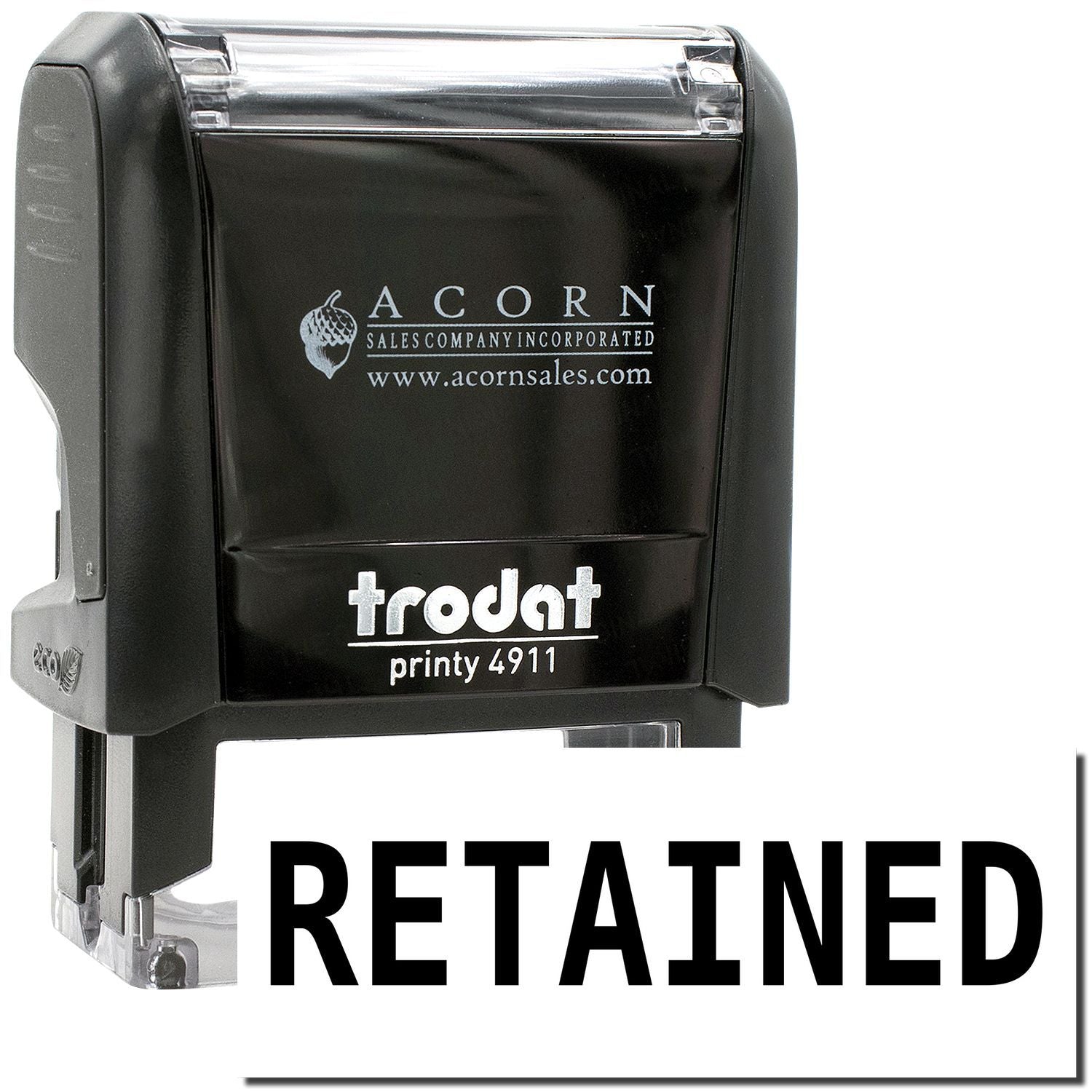 Trodat Printy 4911 RETAINED self-inking rubber stamp by Acorn Sales Company, black office date stamp.