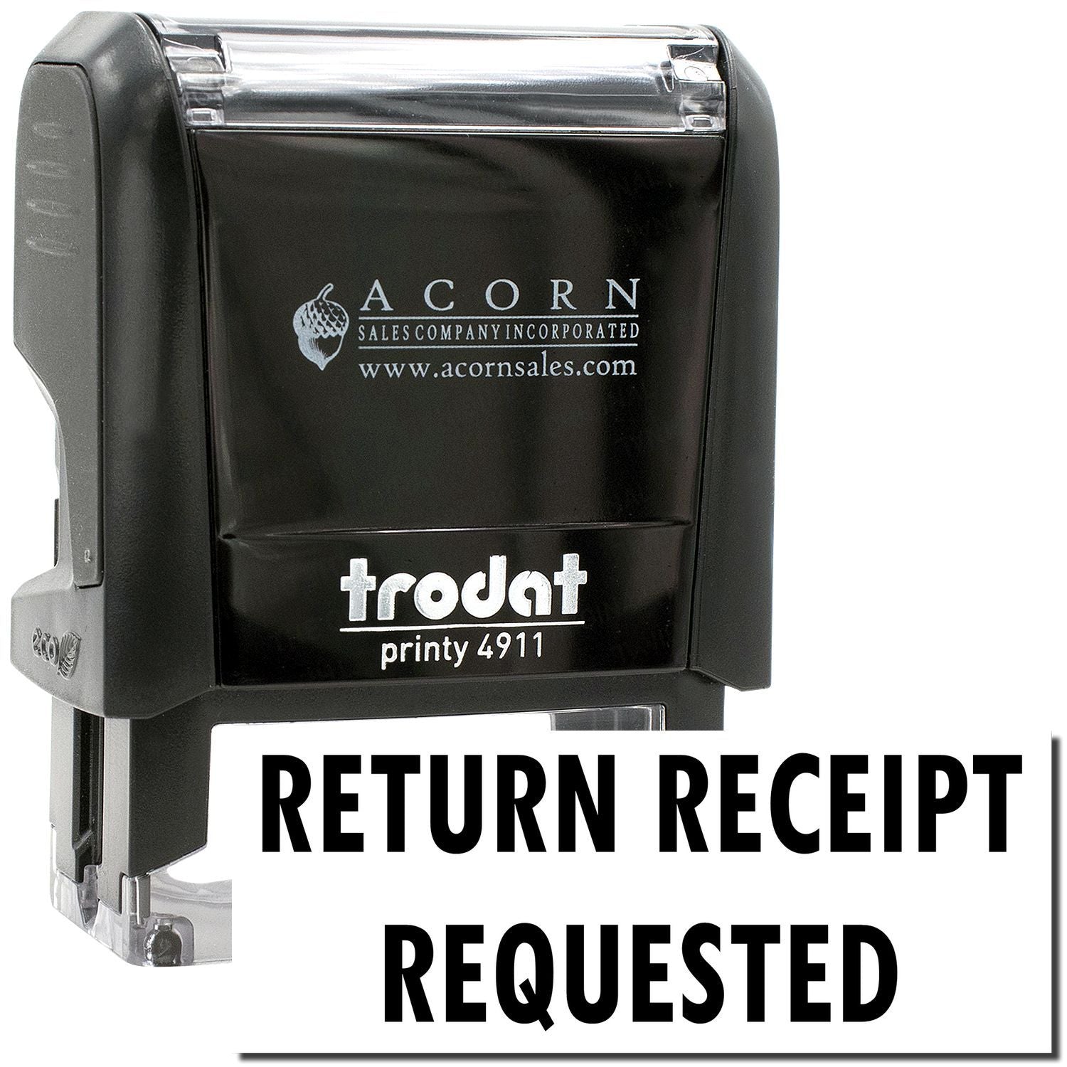Trodat Printy 4911 self-inking return receipt requested stamp by Acorn Sales, black office mailing stamp.
