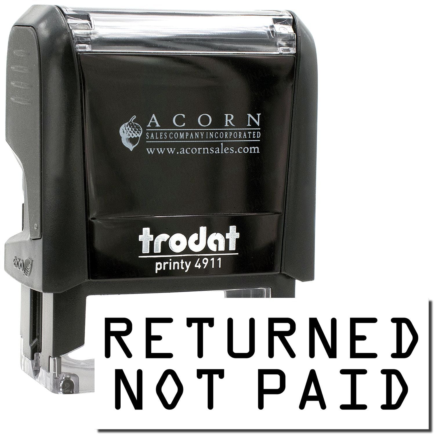 Black Trodat Printy 4911 self-inking stamp with Returned Not Paid imprint, Acorn Sales Company logo, office rubber stamp for business use