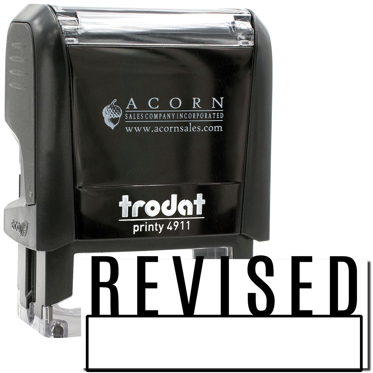 Black Trodat Printy 4911 self-inking revised stamp for office document marking