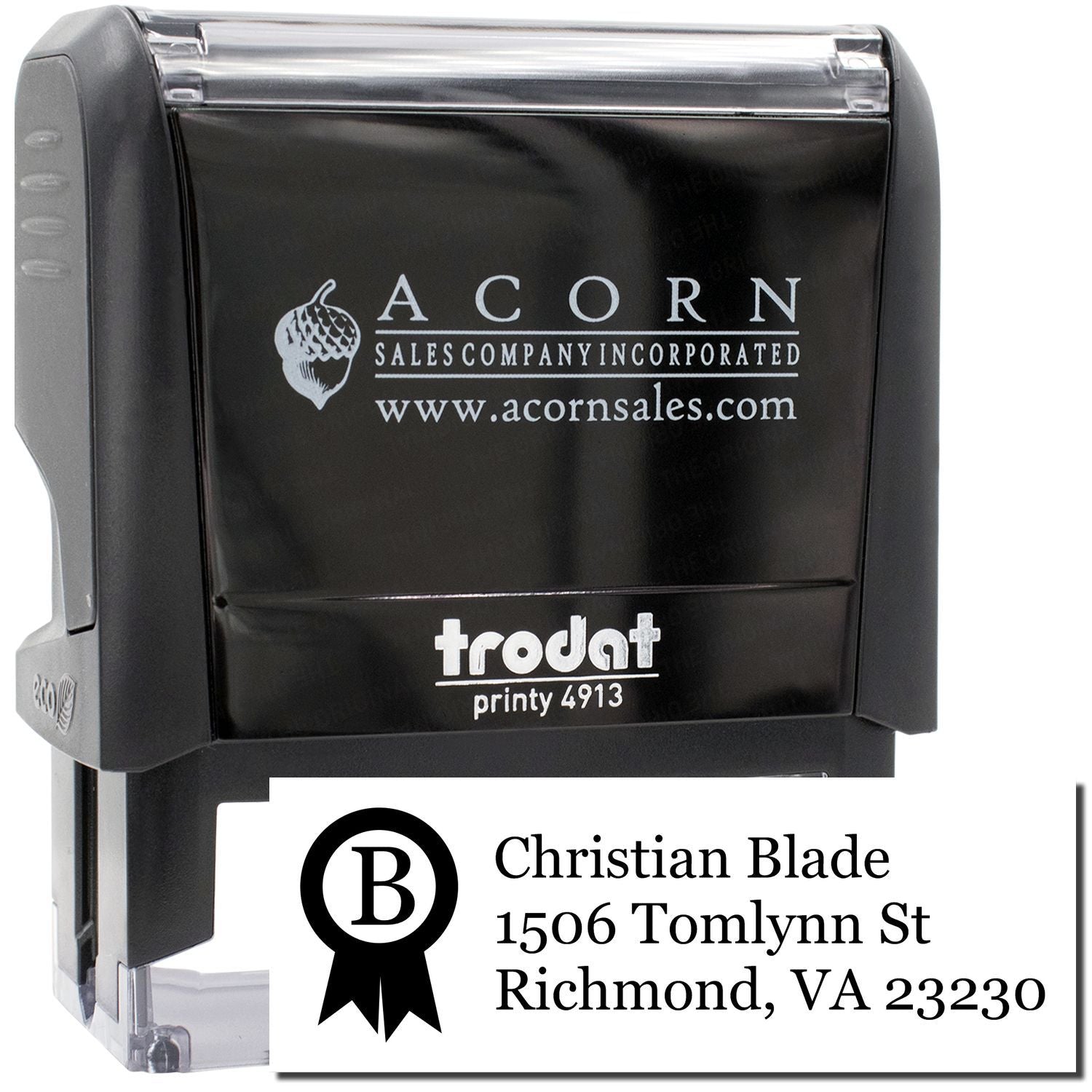 Custom self-inking rubber stamp with logo and address, Trodat Printy 4913 for business branding and mail use.