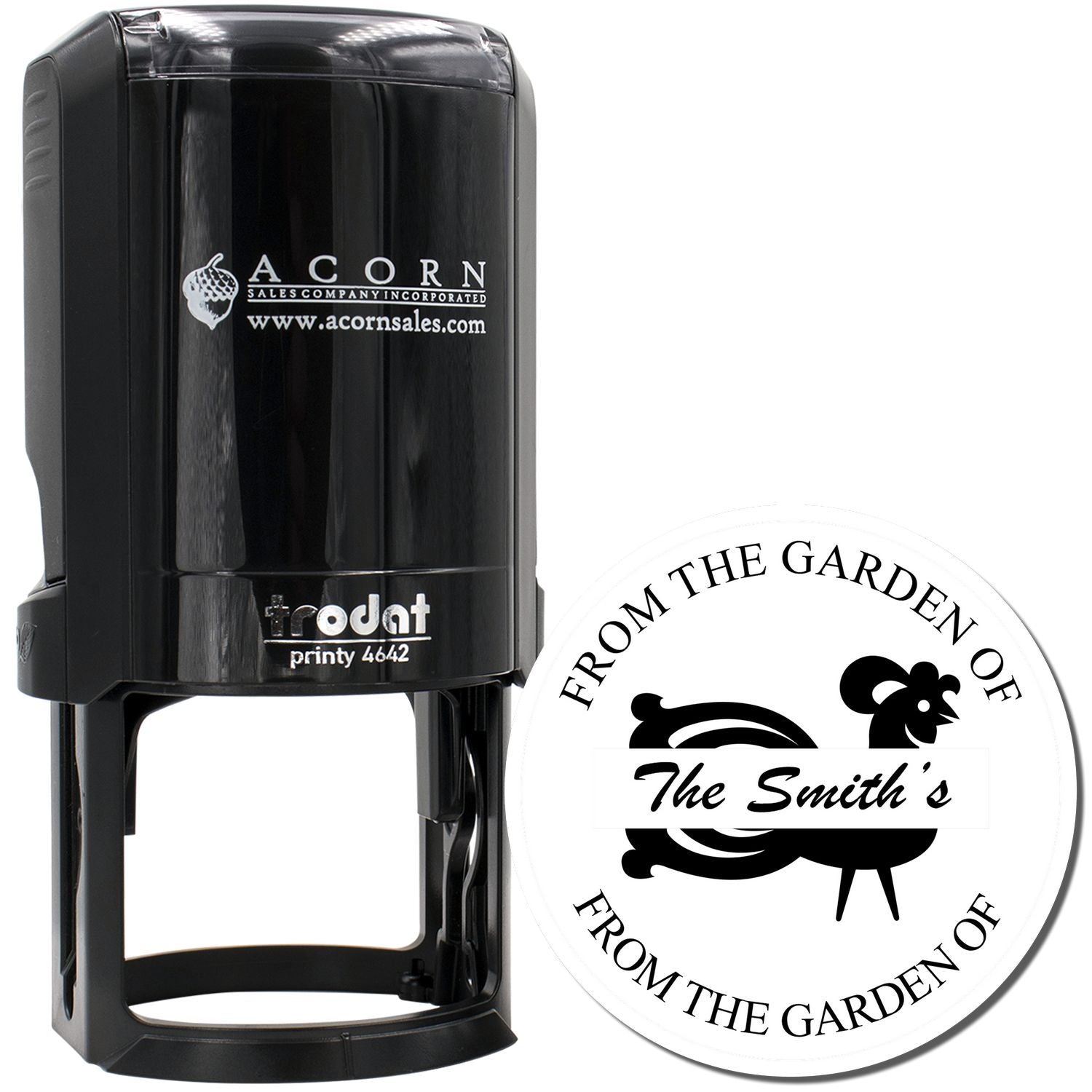 Self-inking custom rubber stamp with personalized From the Garden of the Smiths design for homegrown produce and gifts.