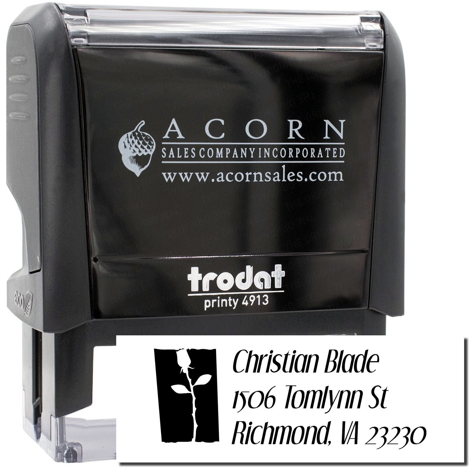 Trodat Printy 4913 self-inking rubber stamp for custom business address and logo imprint.
