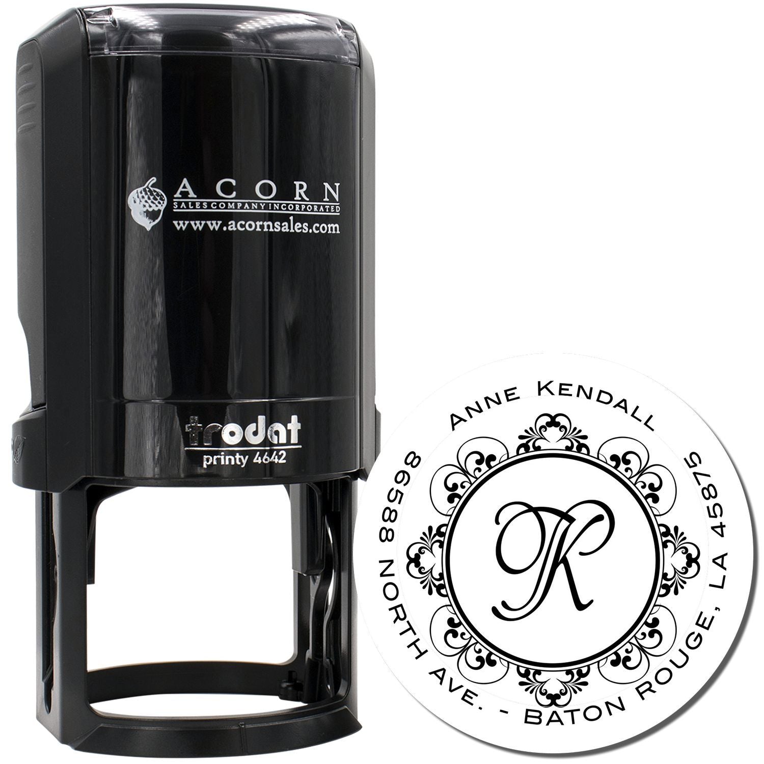 Custom self-inking rubber stamp with monogram return address design for personalized mailing, branding, and stationery.