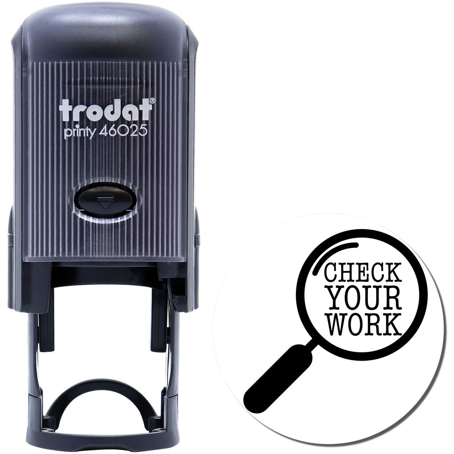 Trodat Printy 46025 self-inking stamp with Check Your Work magnifying glass design on white background