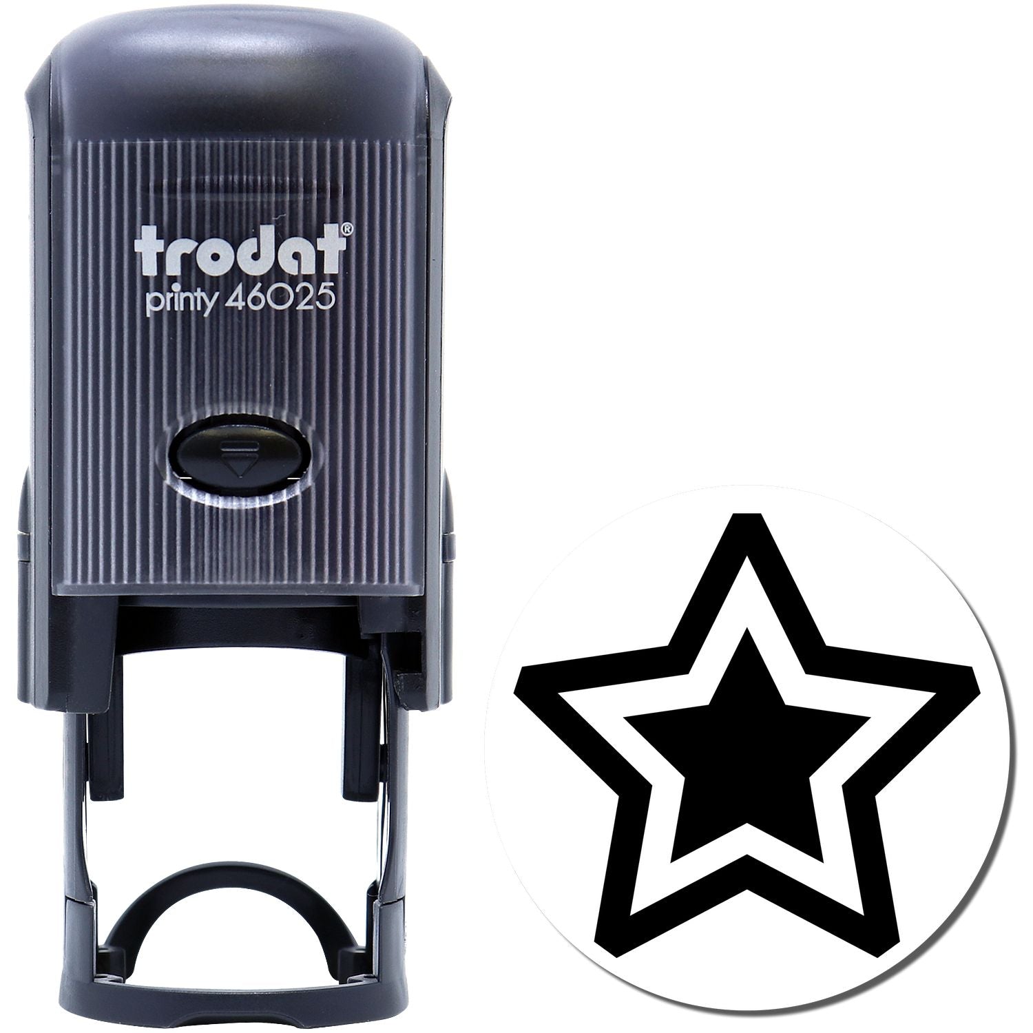 Trodat Printy 46025 self-inking stamp with star symbol, black office stamp on white background