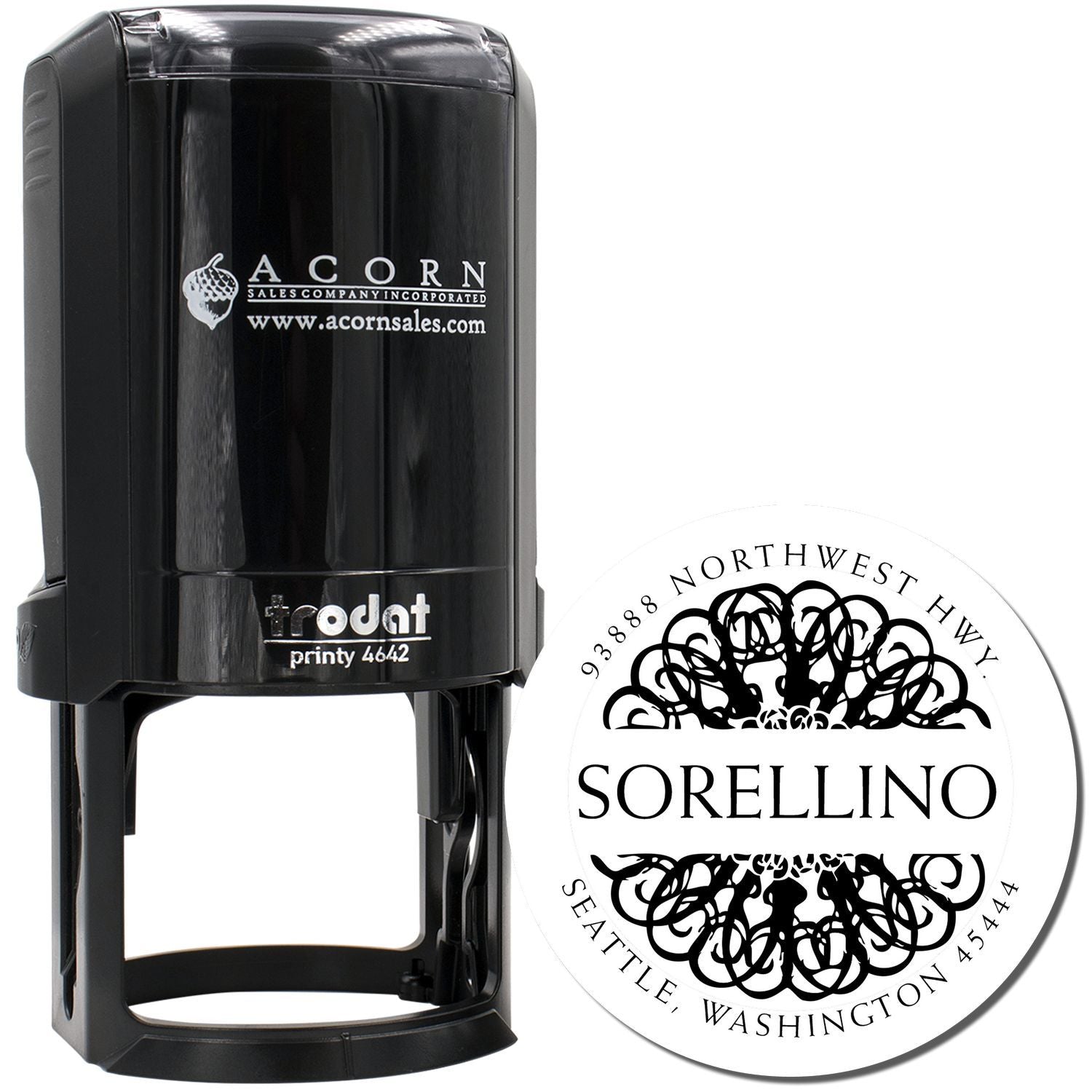 Custom self-inking rubber stamp with personalized business address logo for Sorellino, Seattle WA.