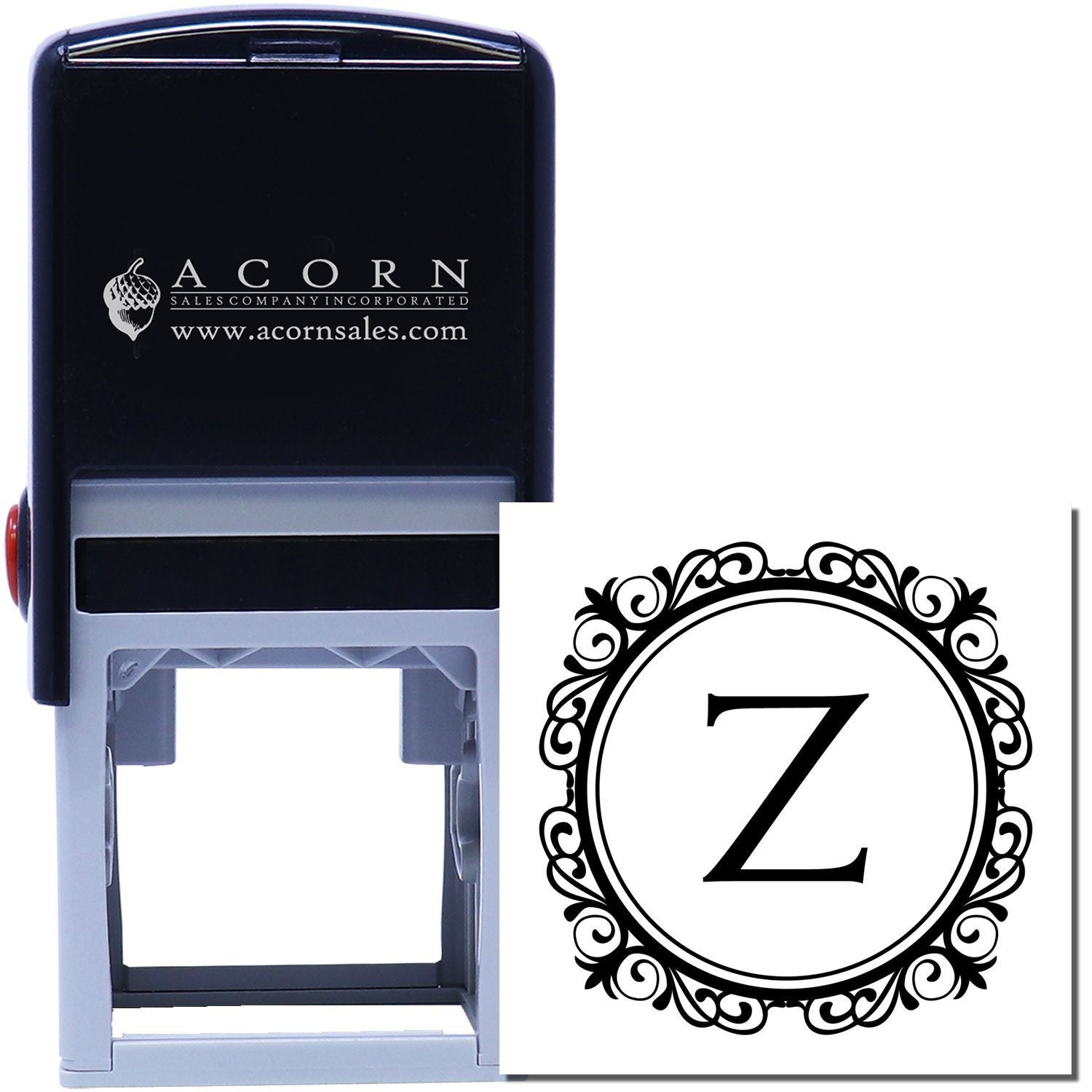 Custom self-inking rubber stamp with ornate monogram Z, ideal for personalized business branding and wedding stationery.