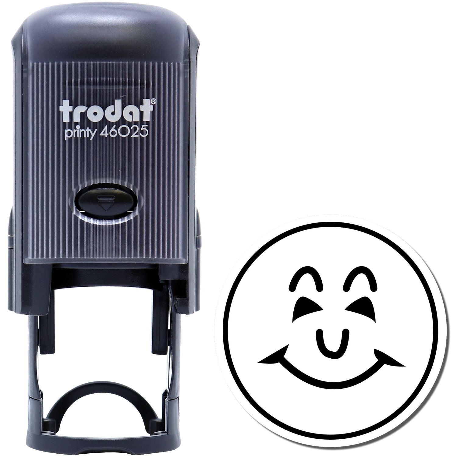 Trodat Printy 46025 self-inking smiley face stamp in black, office marking tool with round happy face icon