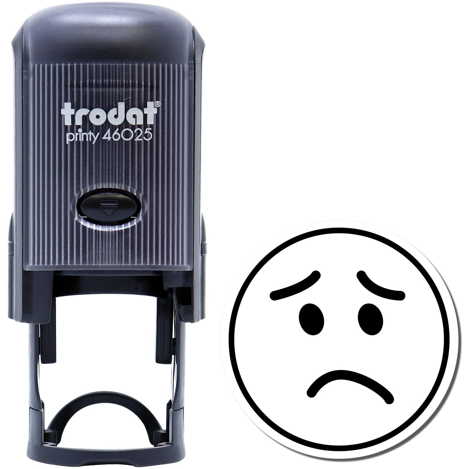 Trodat Printy 46025 self-inking stamp with sad face icon on white background
