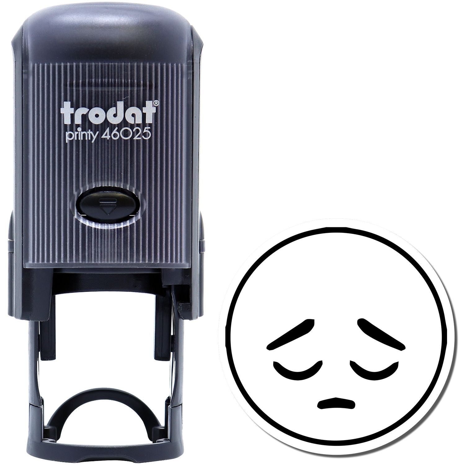 Trodat Printy 46025 self-inking stamp with sad face icon on white background