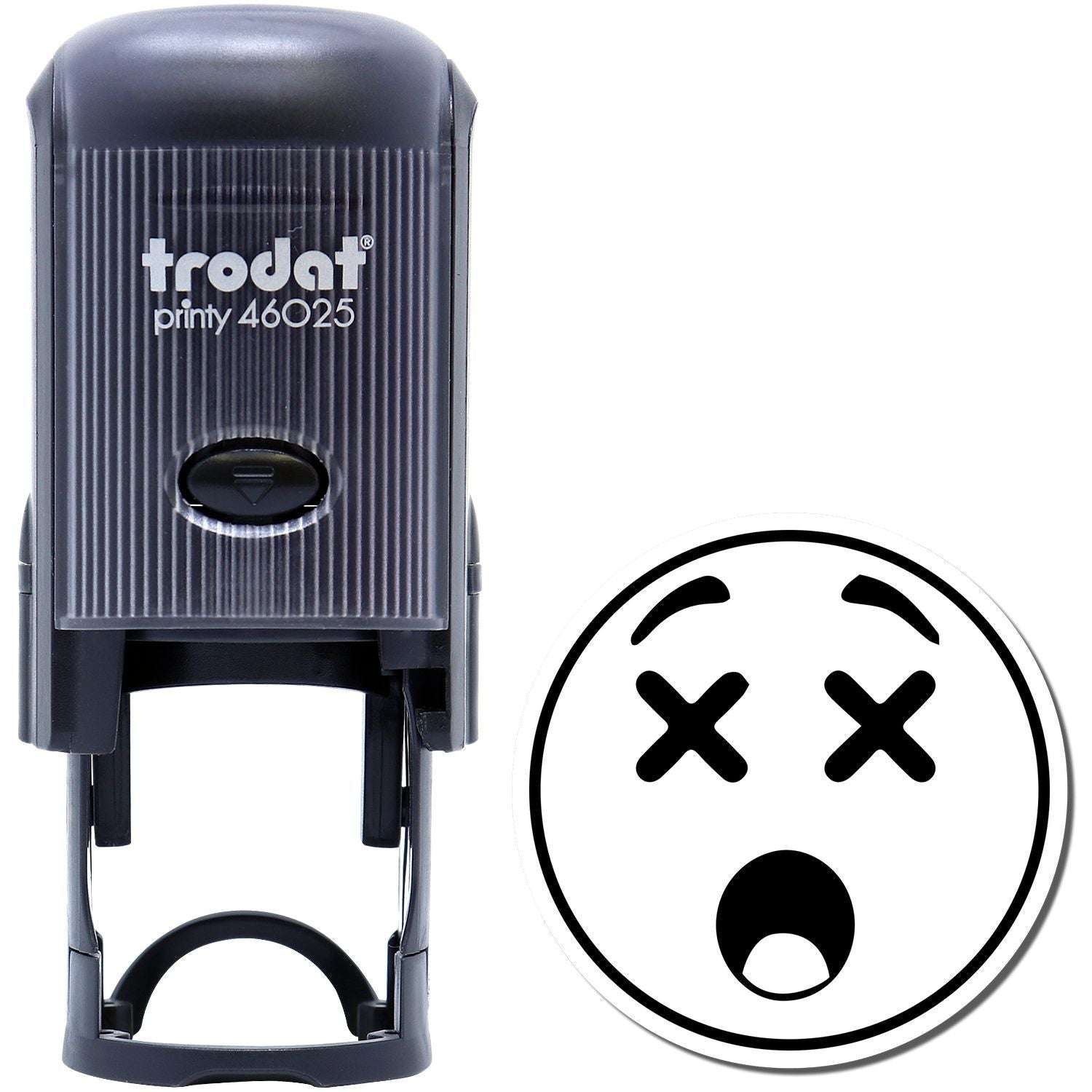 Trodat Printy 46025 self-inking stamp with shocked face emoji design on white background