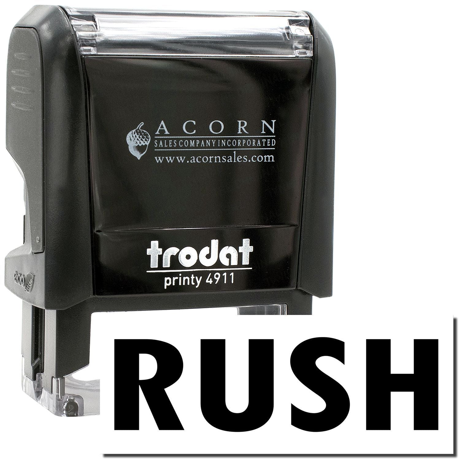 Trodat Printy 4911 rubber stamp with RUSH label, black self-inking office stamp by Acorn Sales.
