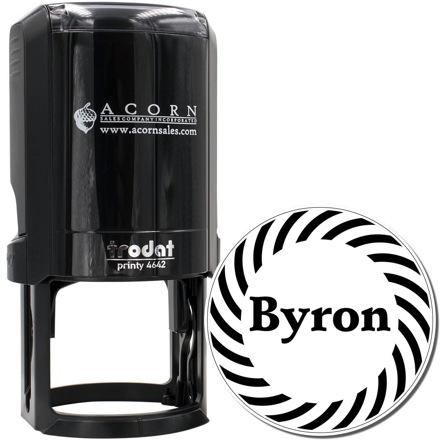 Custom self-inking rubber stamp with personalized round Byron logo design for business branding.
