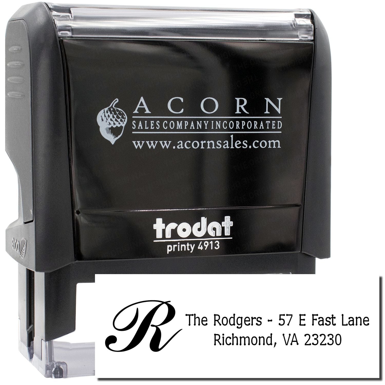 Trodat Printy 4913 self-inking rubber stamp with custom business logo and return address imprint.