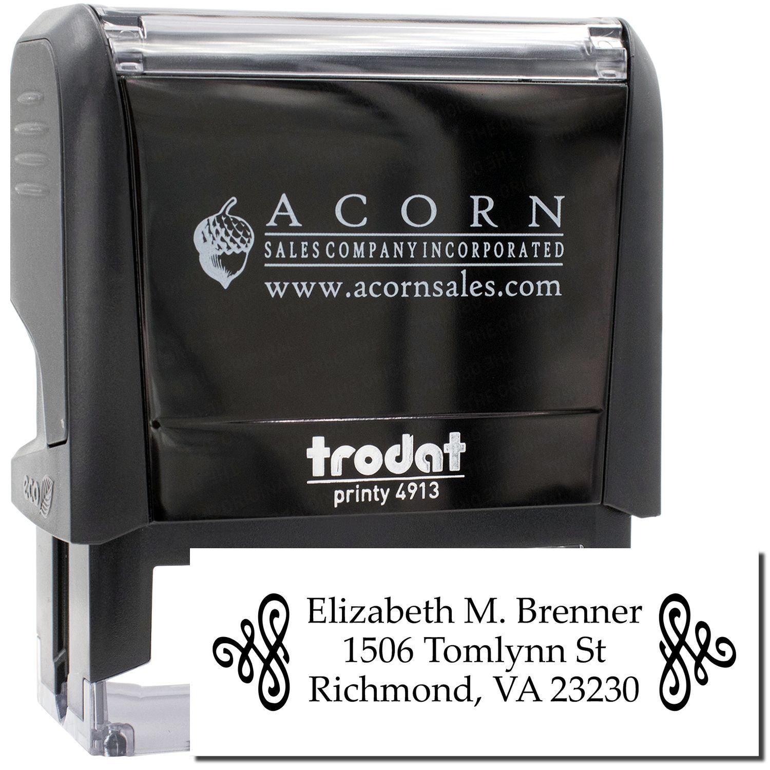 Custom self-inking Trodat Printy 4913 address stamp with personalized name and return address for mailing labels.