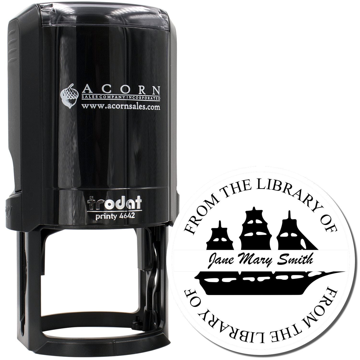 Custom self-inking library stamp with personalized bookplate reading From the Library of Jane Mary Smith.