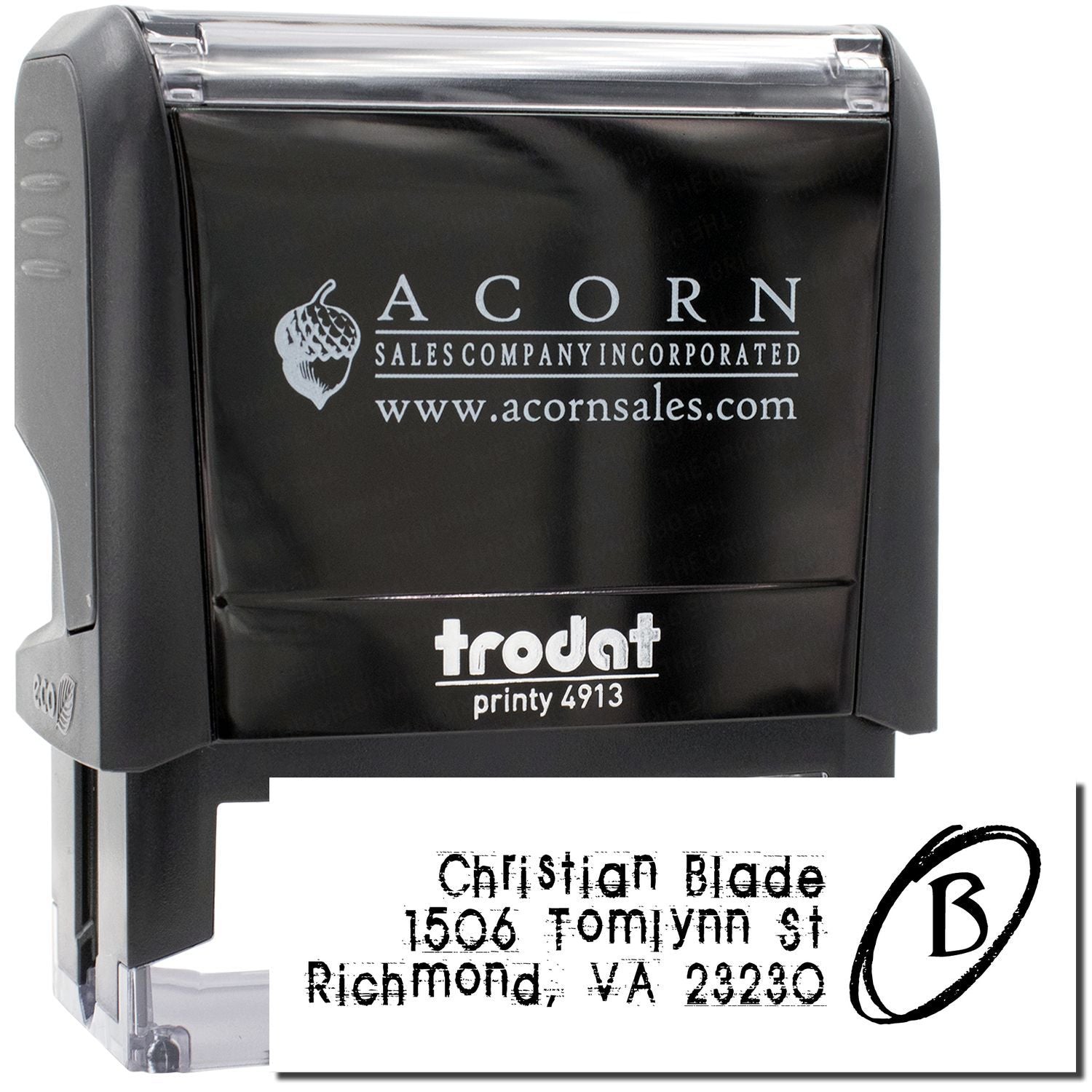 Custom self-inking rubber return address stamp with logo, using Trodat Printy 4913 for business mailings