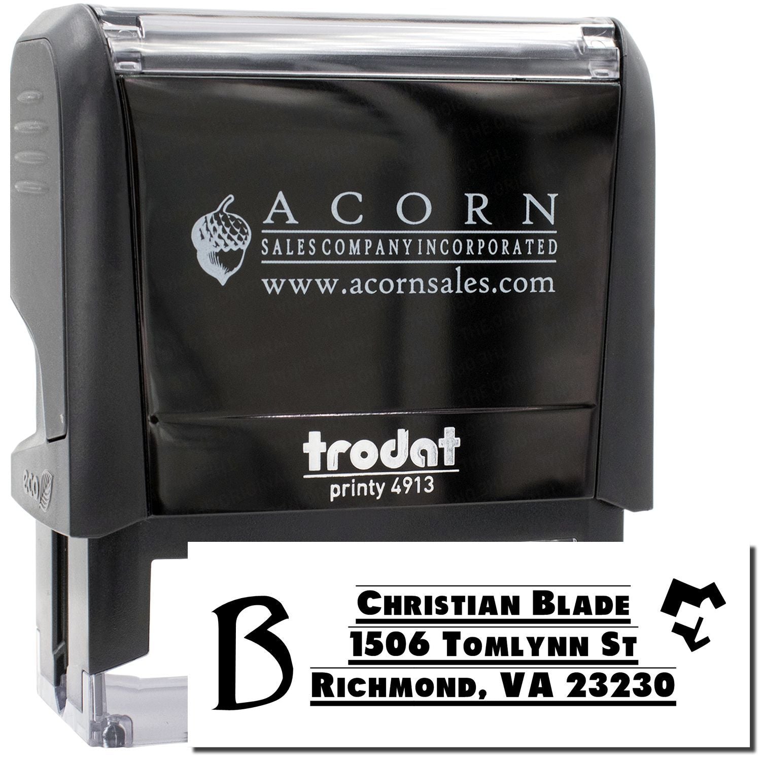 Custom self-inking rubber address stamp with business logo, ideal for professional mailing and branding.
