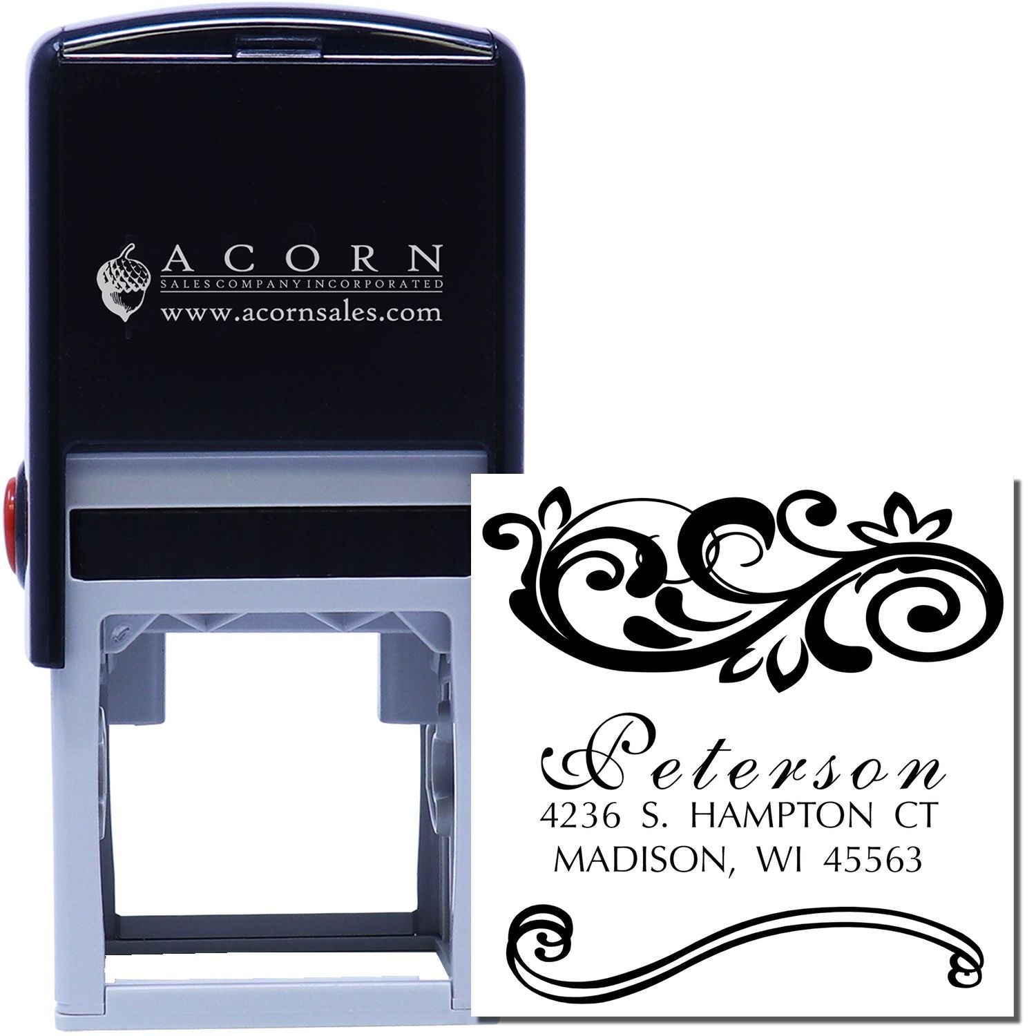 Self-inking custom address rubber stamp with decorative flourish, showing a sample name and address imprint.