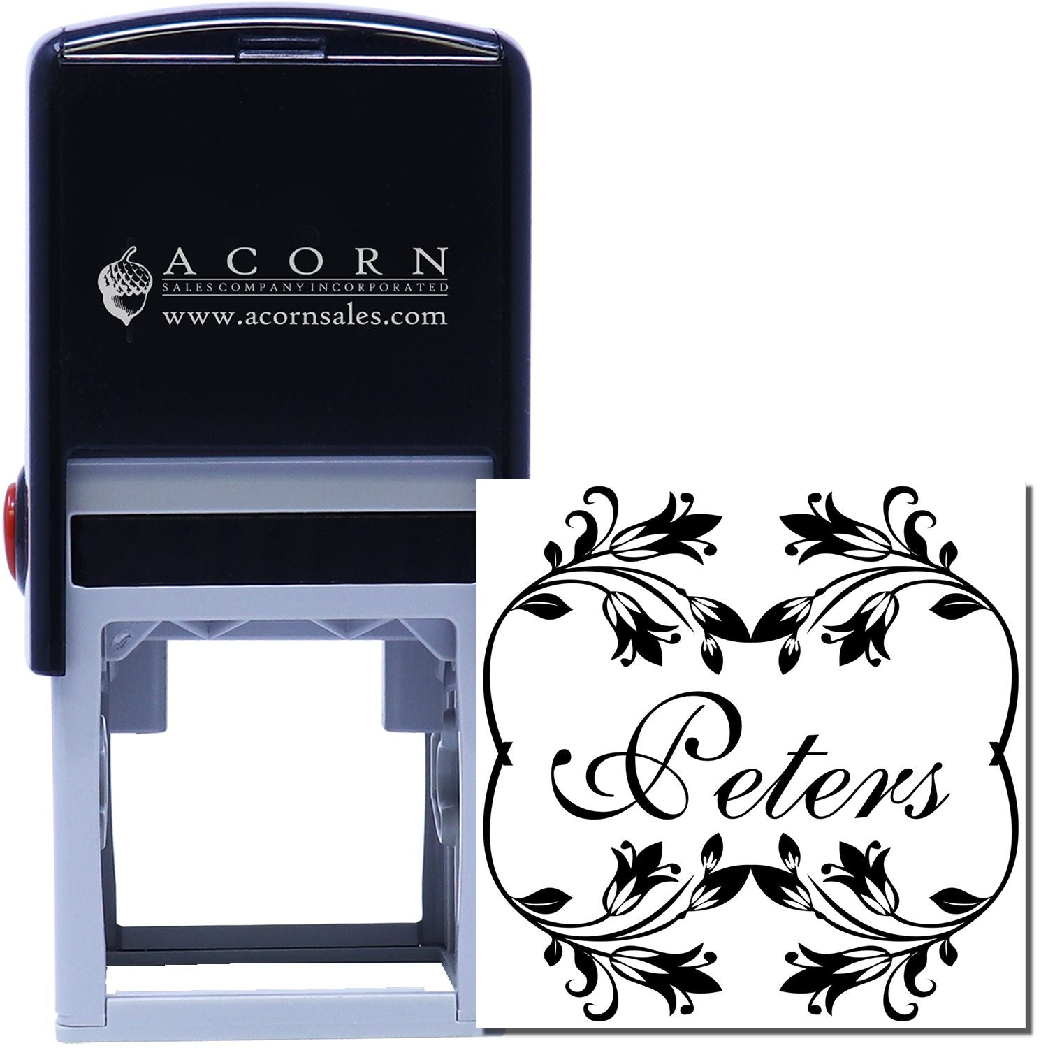Custom self-inking rubber stamp with ornate floral border and Peters name design for personalized business branding.