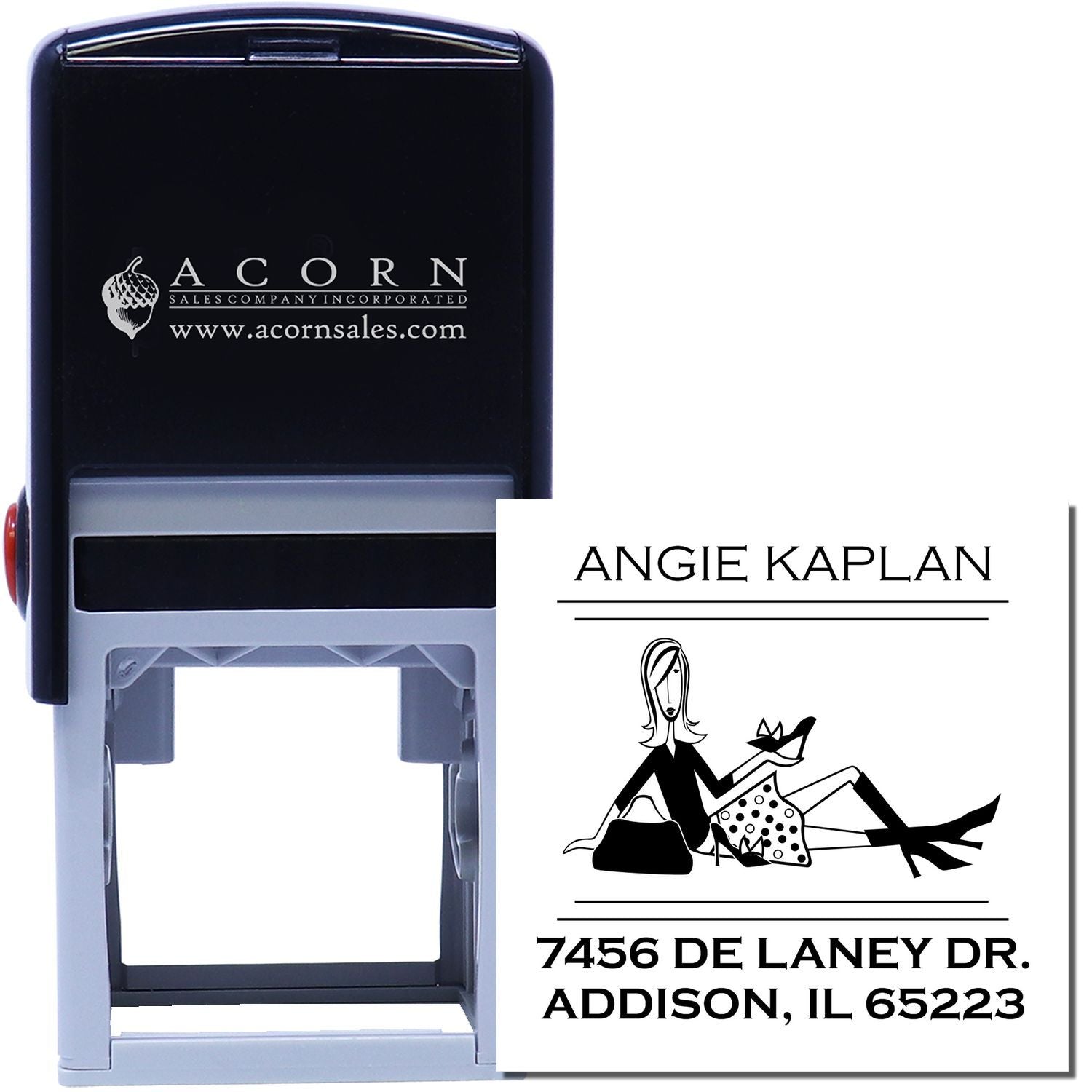 Personalized self-inking rubber stamp with name, address and logo for business mailing and branding.