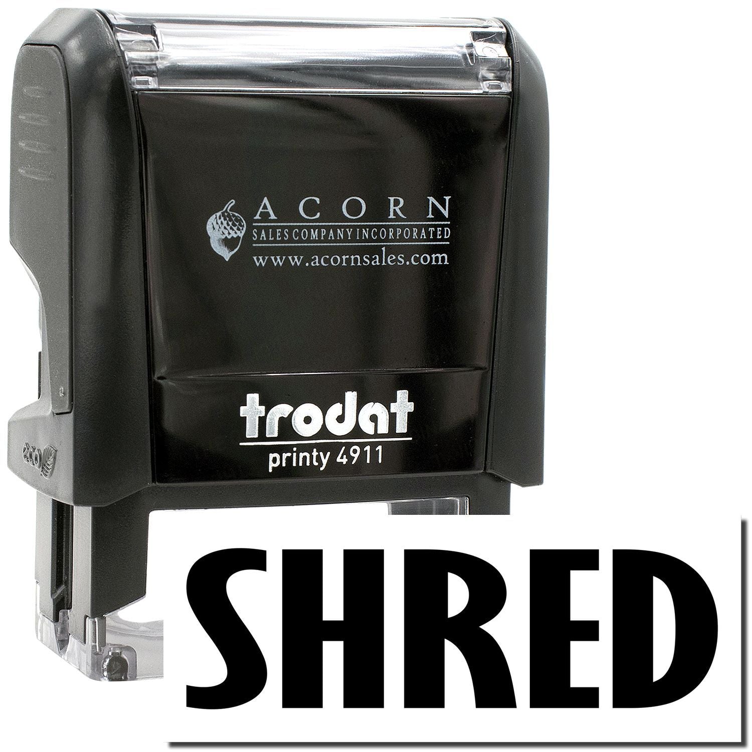 Black Trodat Printy 4911 self-inking stamp with SHRED imprint for document shredding and office use