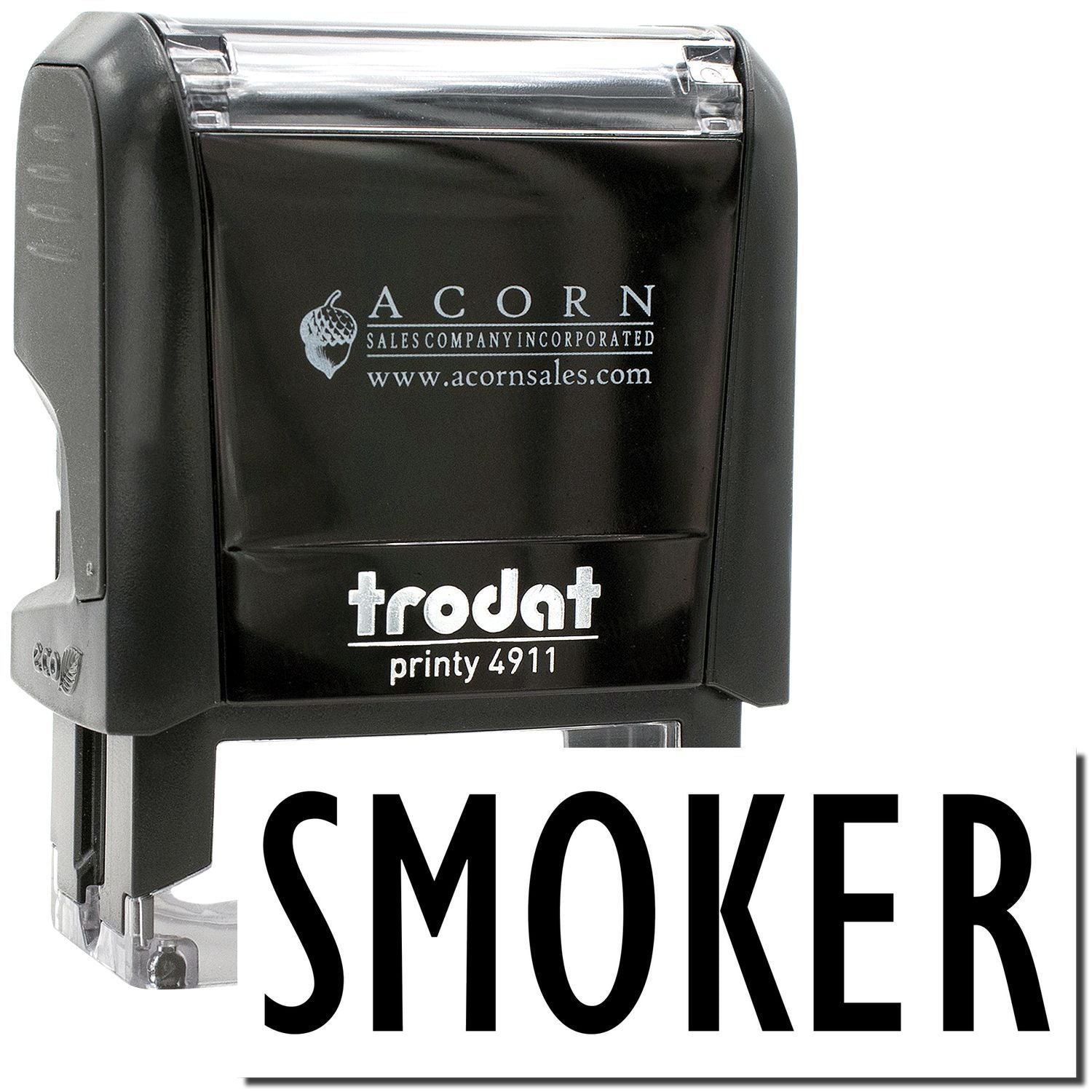 Trodat Printy 4911 black smoker stamp with Acorn Sales branding, compact self-inking rubber stamp.