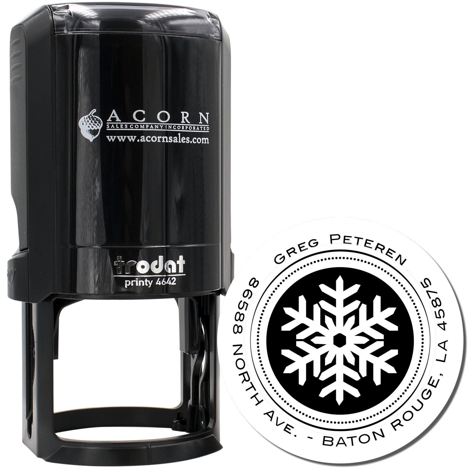 Trodat self-inking custom rubber stamp with round snowflake address design for business branding and return mail.