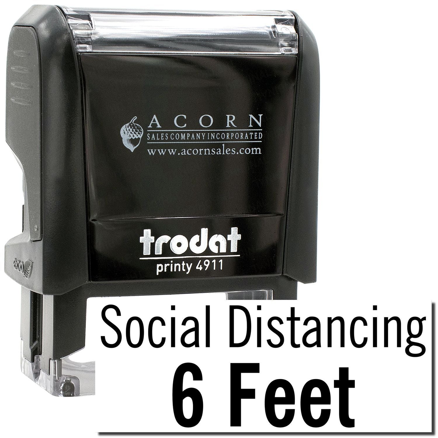 Black Acorn Trodat Printy 4911 social distancing stamp with 6 Feet text for safety marking.