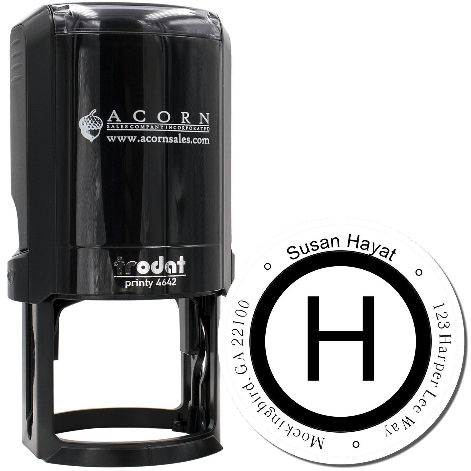 Custom self-inking rubber stamp with personalized round monogram address design for business or mailing use